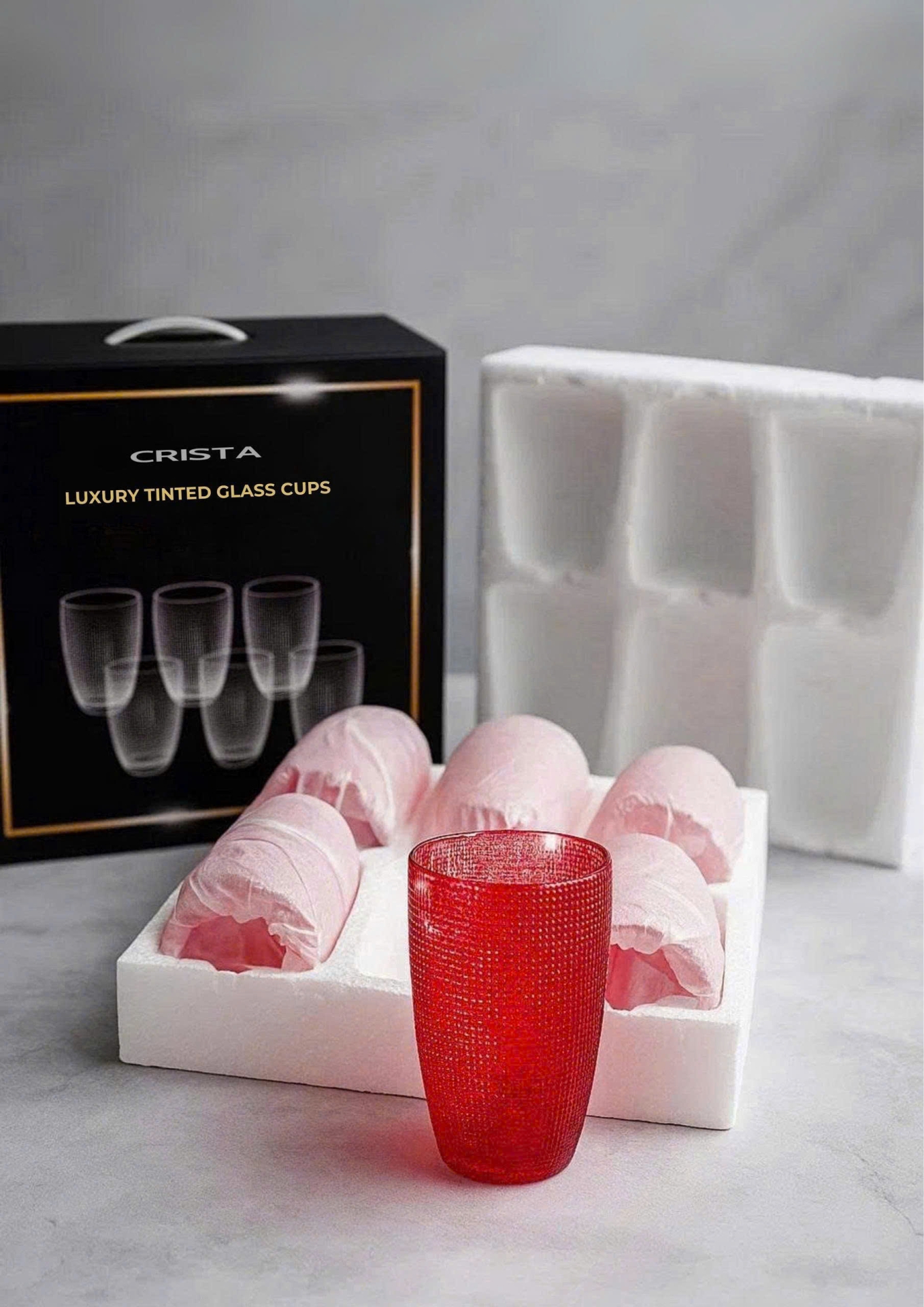 BỘ CỐC THỦY TINH VÂN LƯỚI DẬP NỔI MÀU ĐỎ 420ML (5/15)