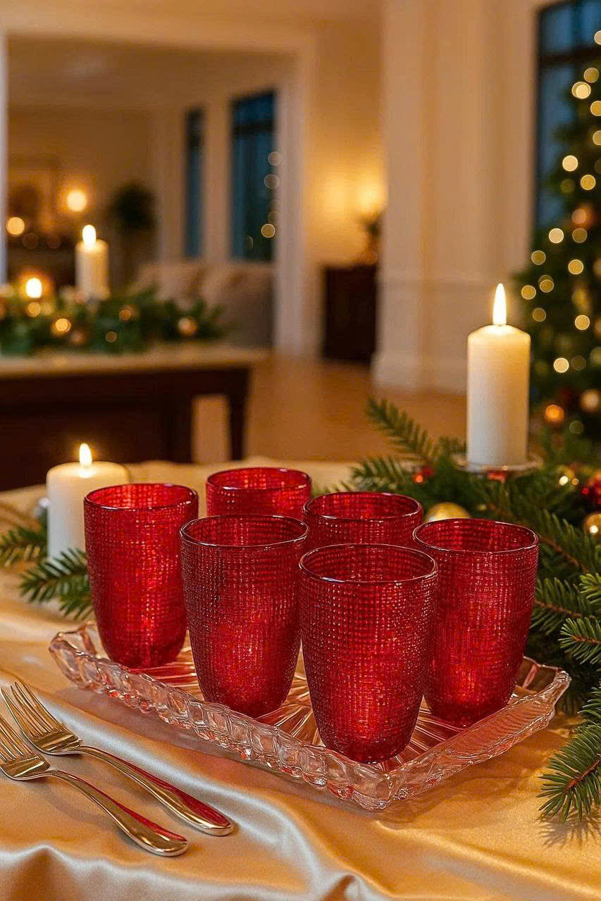 BỘ CỐC THỦY TINH VÂN LƯỚI DẬP NỔI MÀU ĐỎ 420ML (14/15)