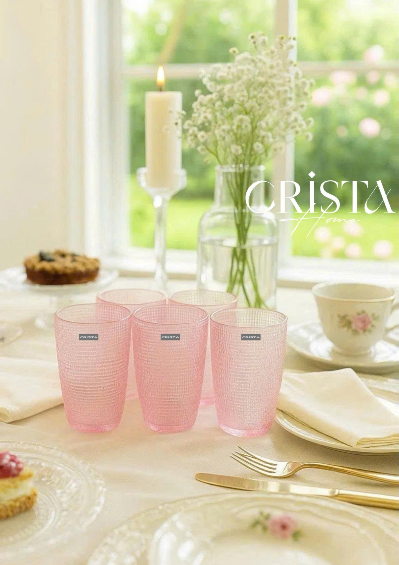 BỘ CỐC THỦY TINH VÂN LƯỚI DẬP NỔI MÀU HỒNG PHẤN 420ML (5/7)