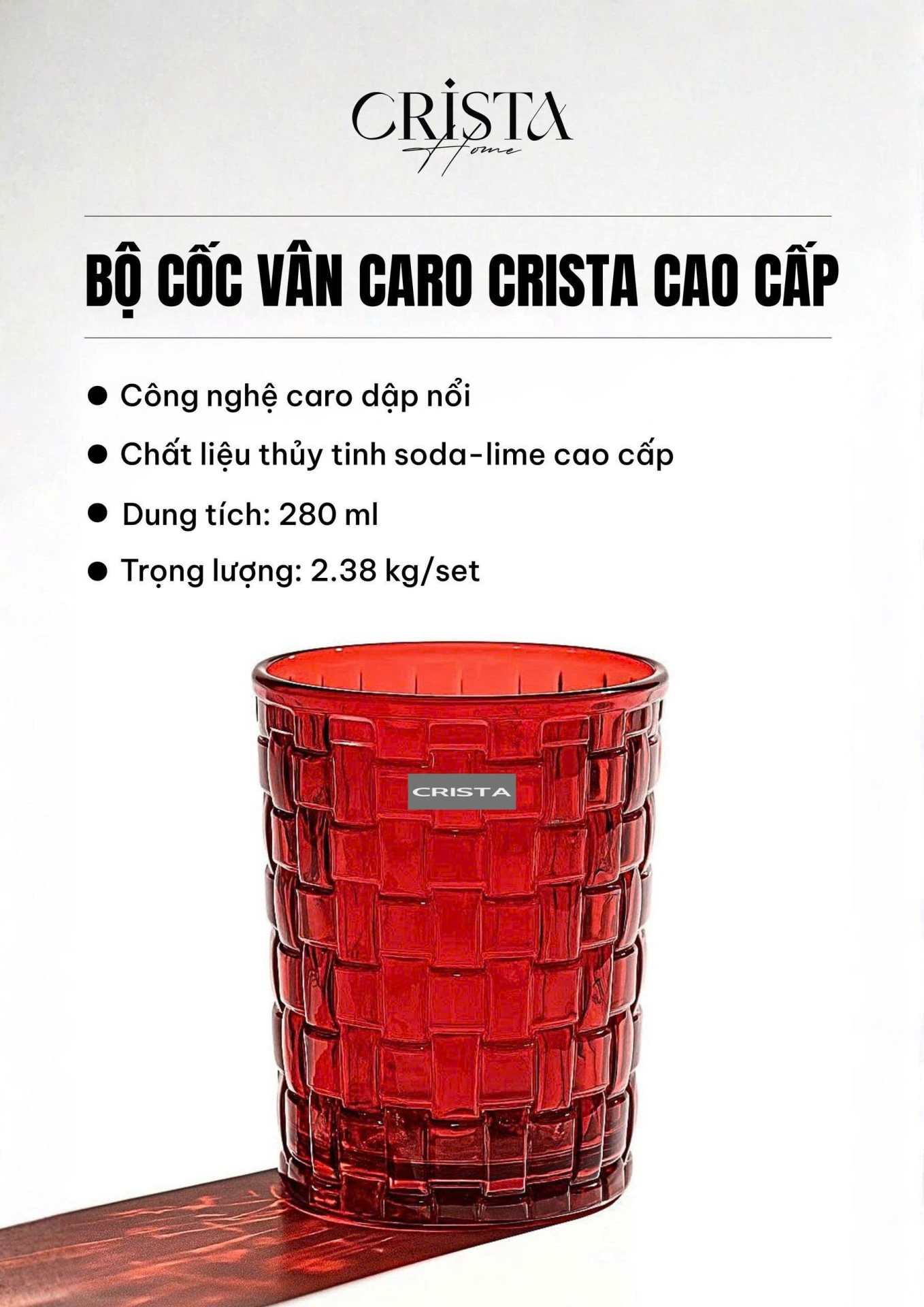 BỘ 06 CỐC THỦY TINH VÂN CARO 280ML – MÀU ĐỎ RUBY (4/10)
