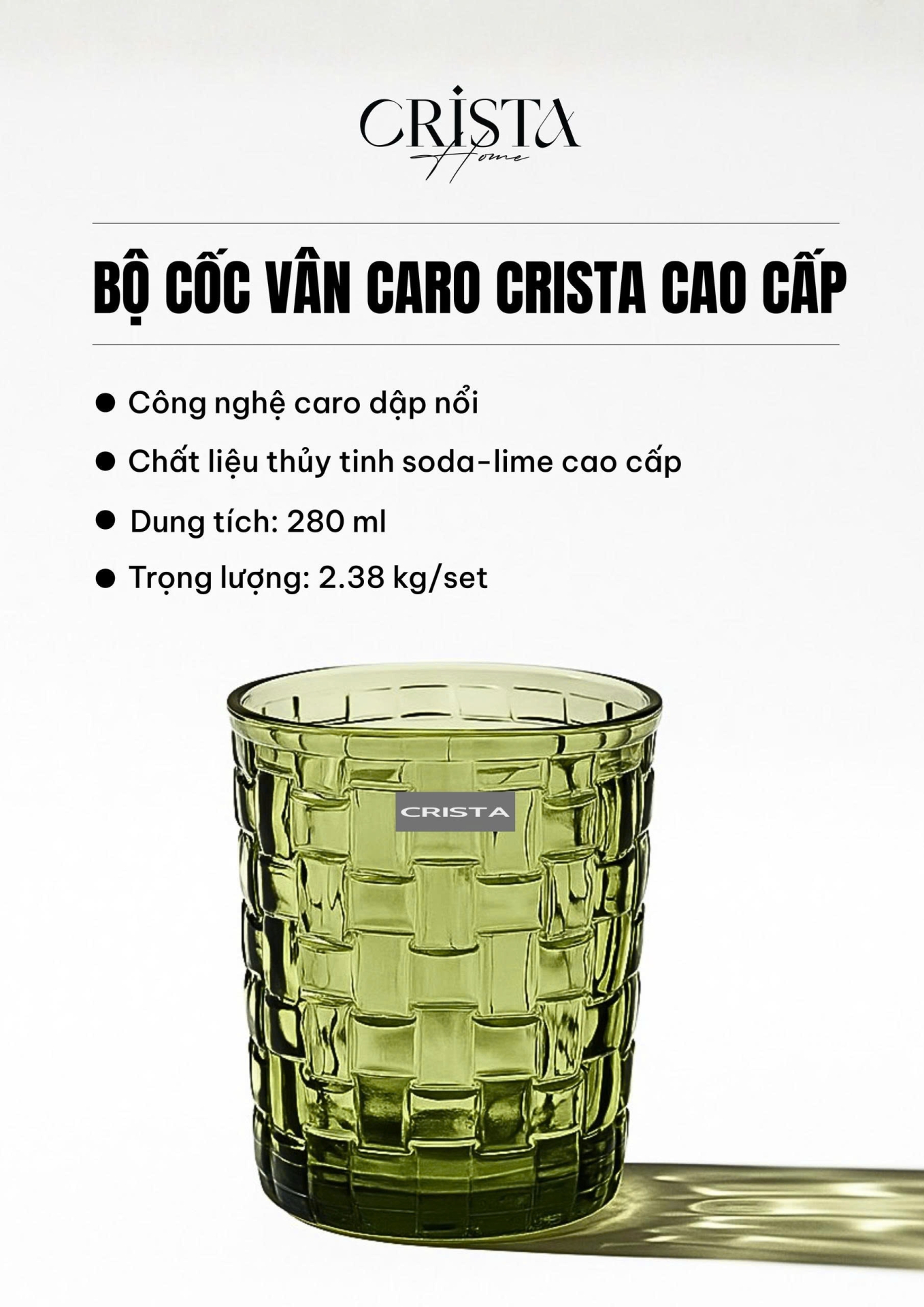 BỘ 06 CỐC THỦY TINH VÂN CARO 280ML – MÀU XANH LÁ (3/10)