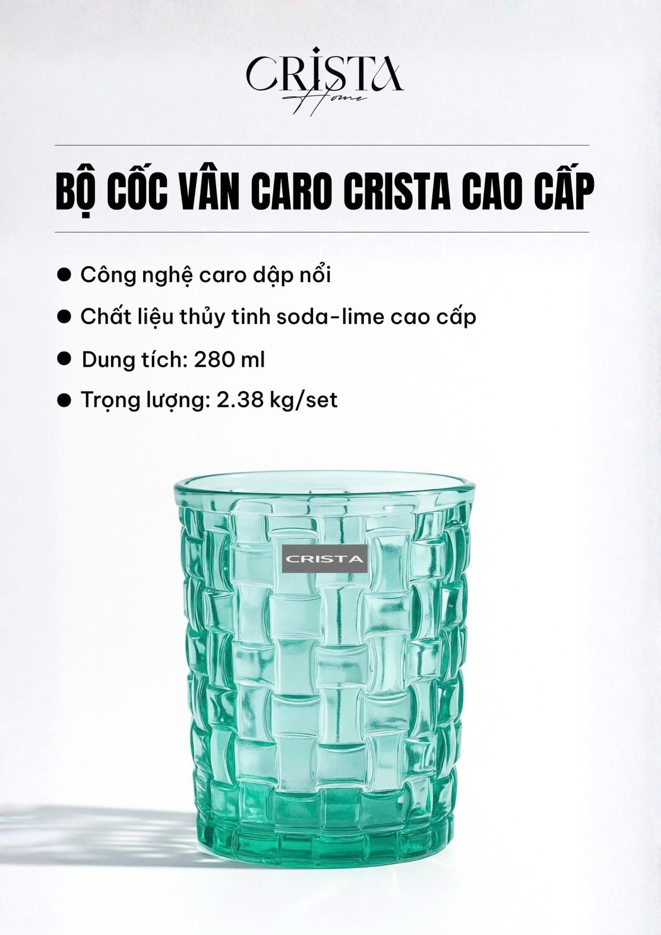 BỘ 06 CỐC THỦY TINH VÂN CARO 280ML – MÀU XANH NGỌC (4/11)