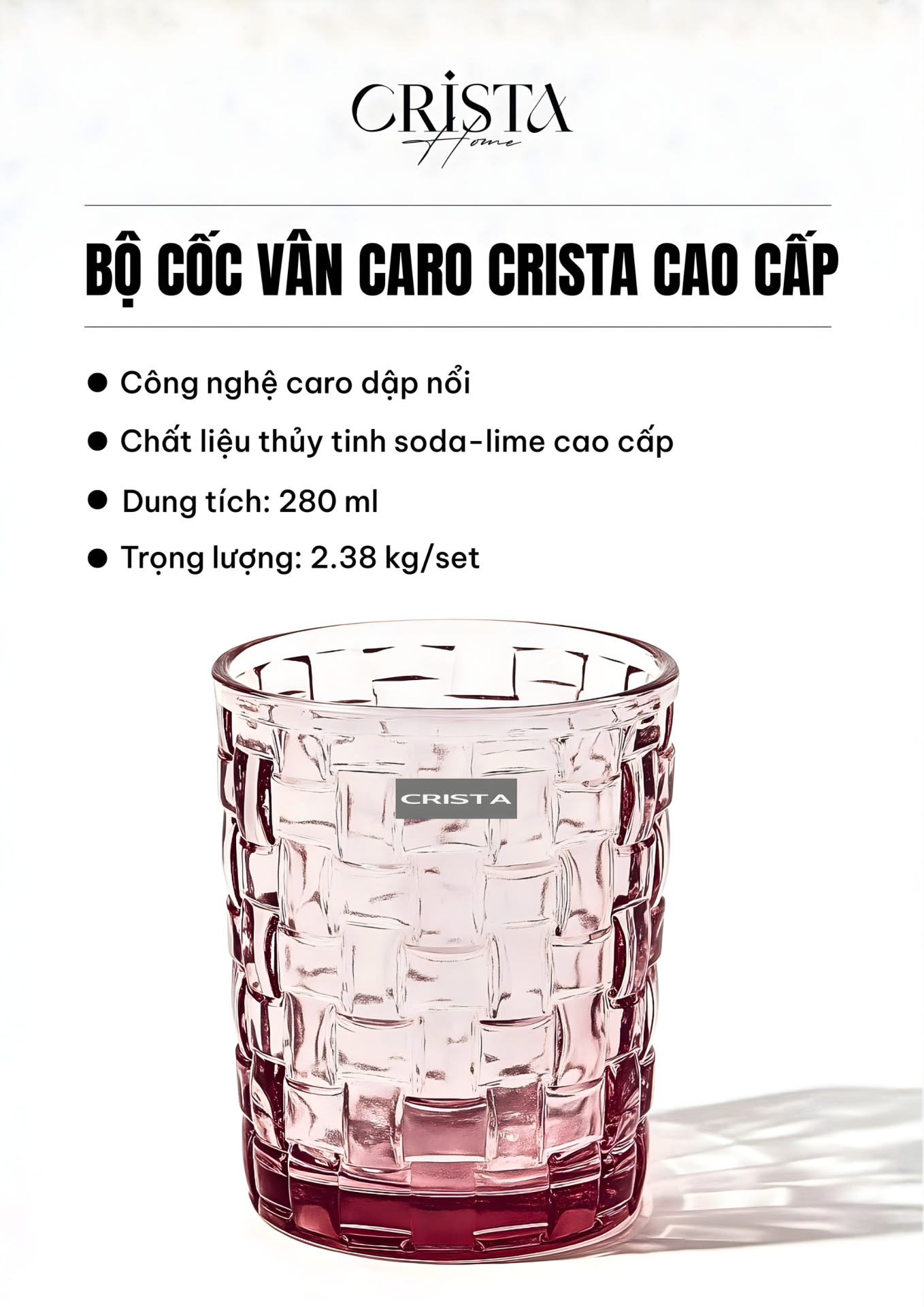 BỘ 06 CỐC THỦY TINH VÂN CARO 280ML – MÀU HỒNG (7/9)
