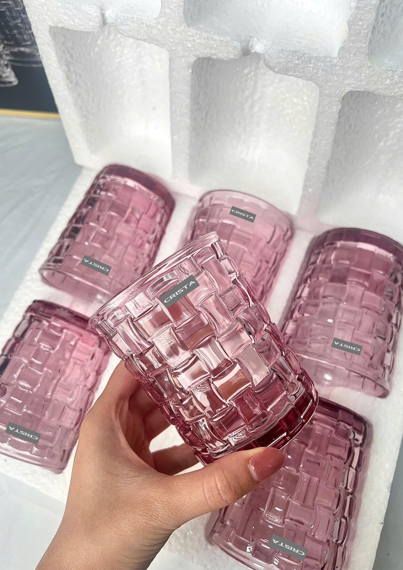 BỘ 06 CỐC THỦY TINH VÂN CARO 280ML – MÀU HỒNG