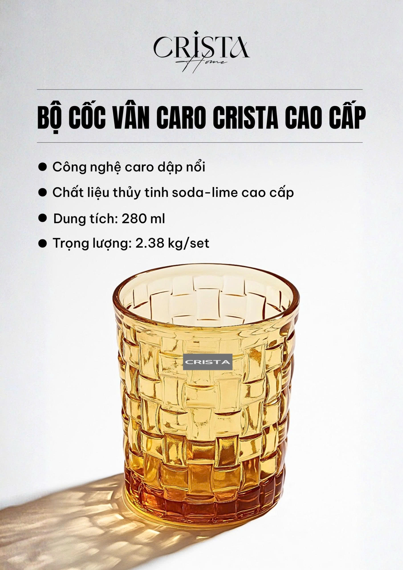 BỘ 06 CỐC THỦY TINH VÂN CARO 280ML – MÀU VÀNG (8/9)