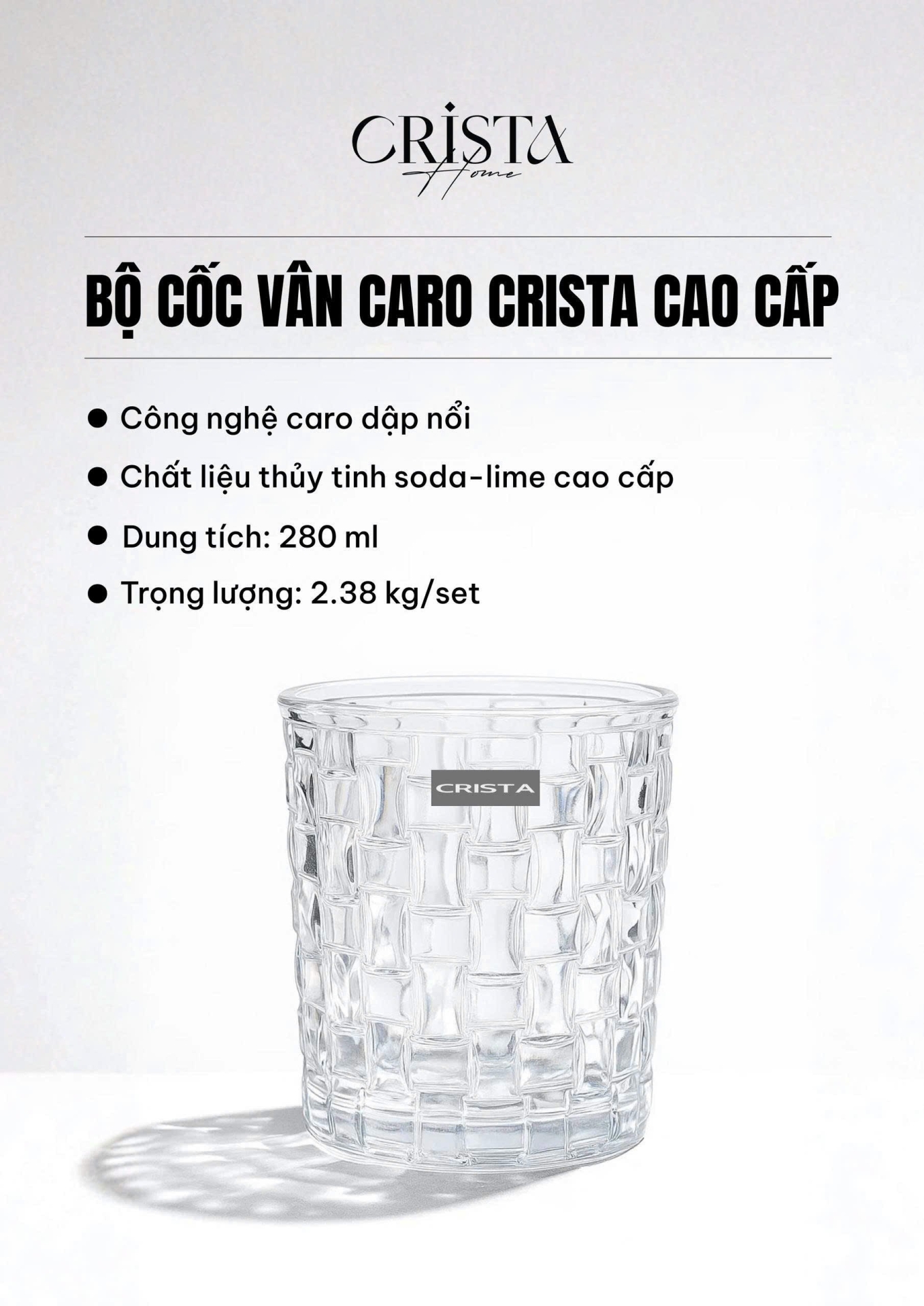 BỘ 06 CỐC THỦY TINH VÂN CARO 280ML – MÀU TRONG SUỐT (3/9)