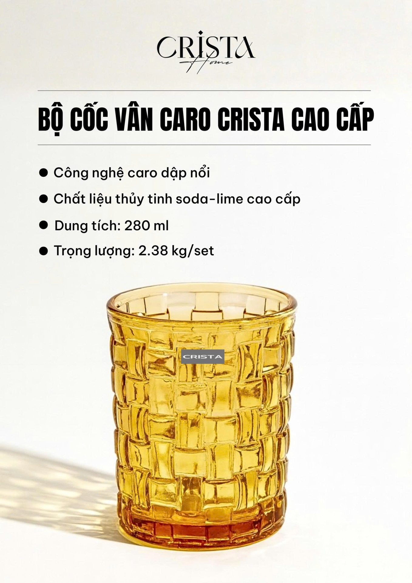 BỘ 06 CỐC THỦY TINH VÂN CARO 280ML – SẮC MÀU (12/12)