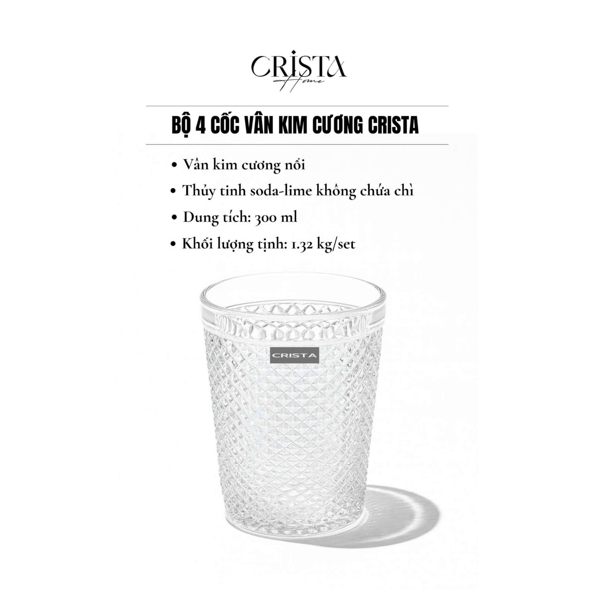 BỘ 4 CỐC VÂN KIM CƯƠNG CRISTA 300ML – MÀU TRẮNG (10/11)