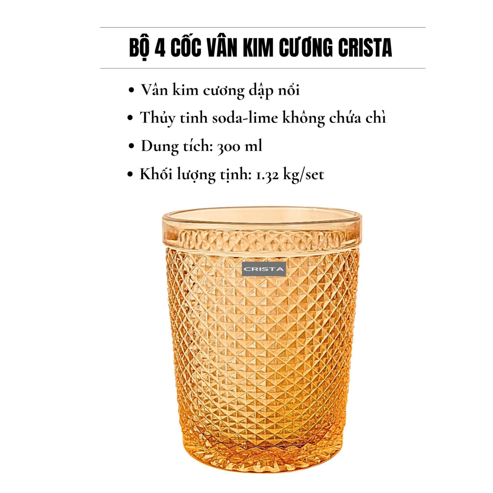 BỘ 4 CỐC VÂN KIM CƯƠNG CRISTA 300ML – MÀU VÀNG (9/10)