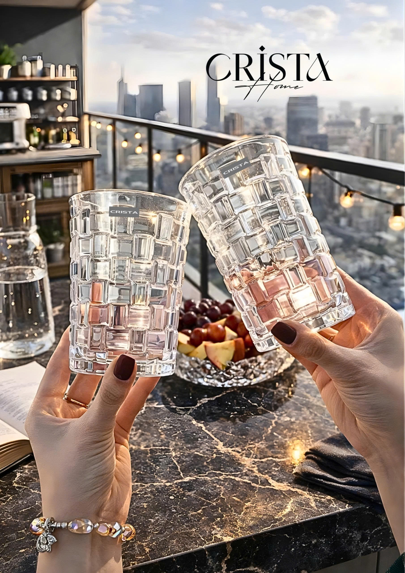 Bộ 6 Cốc Thủy Tinh Cao CRISTA HOME Màu Trắng Vân Caro 350ml (5/7)