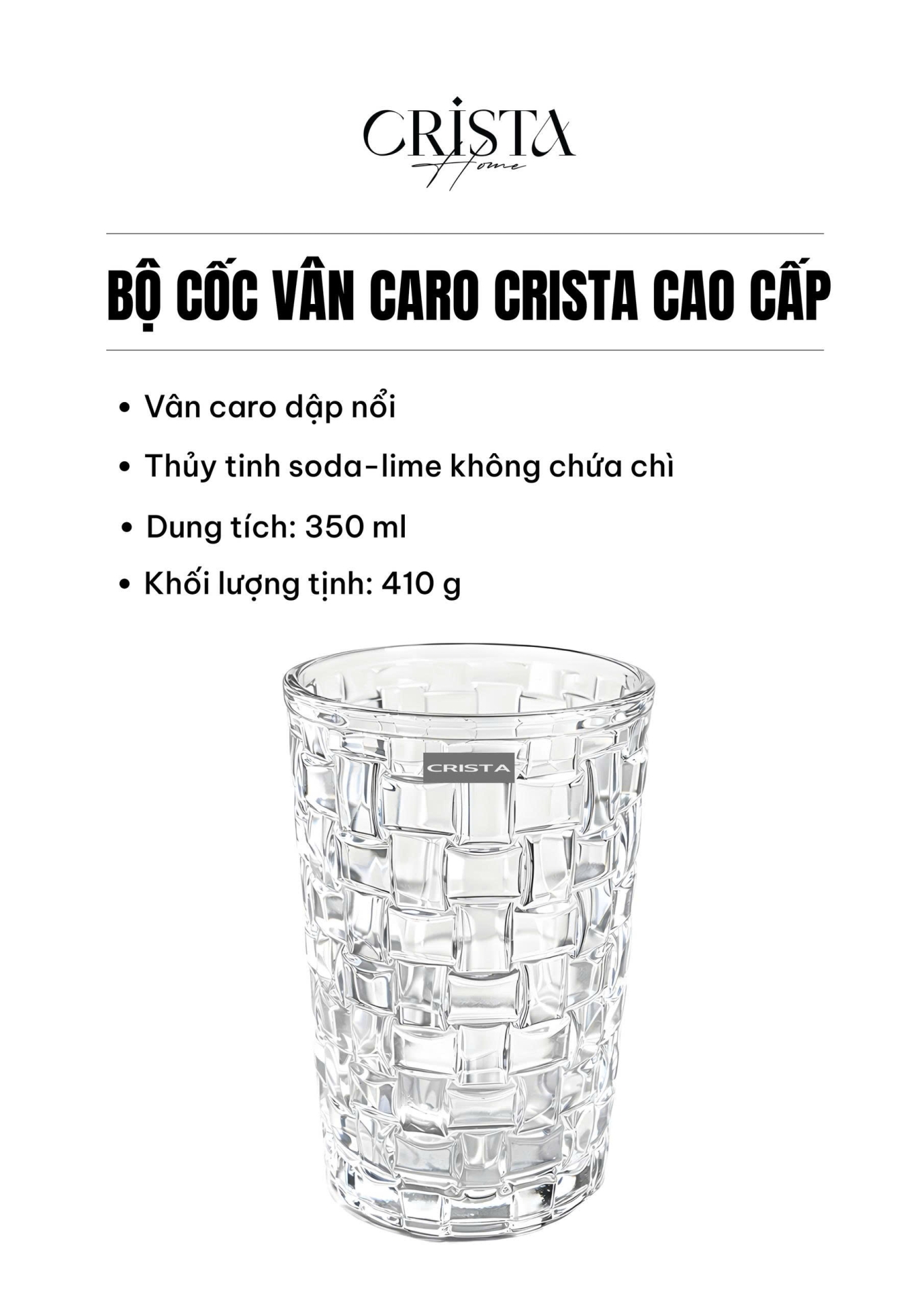 Bộ 6 Cốc Thủy Tinh Cao CRISTA HOME Màu Trắng Vân Caro 350ml (7/7)