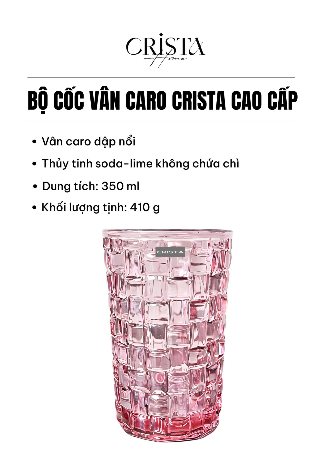 Bộ 6 Cốc Thủy Tinh Cao CRISTA HOME Màu Hồng Vân Caro 350ml (6/6)