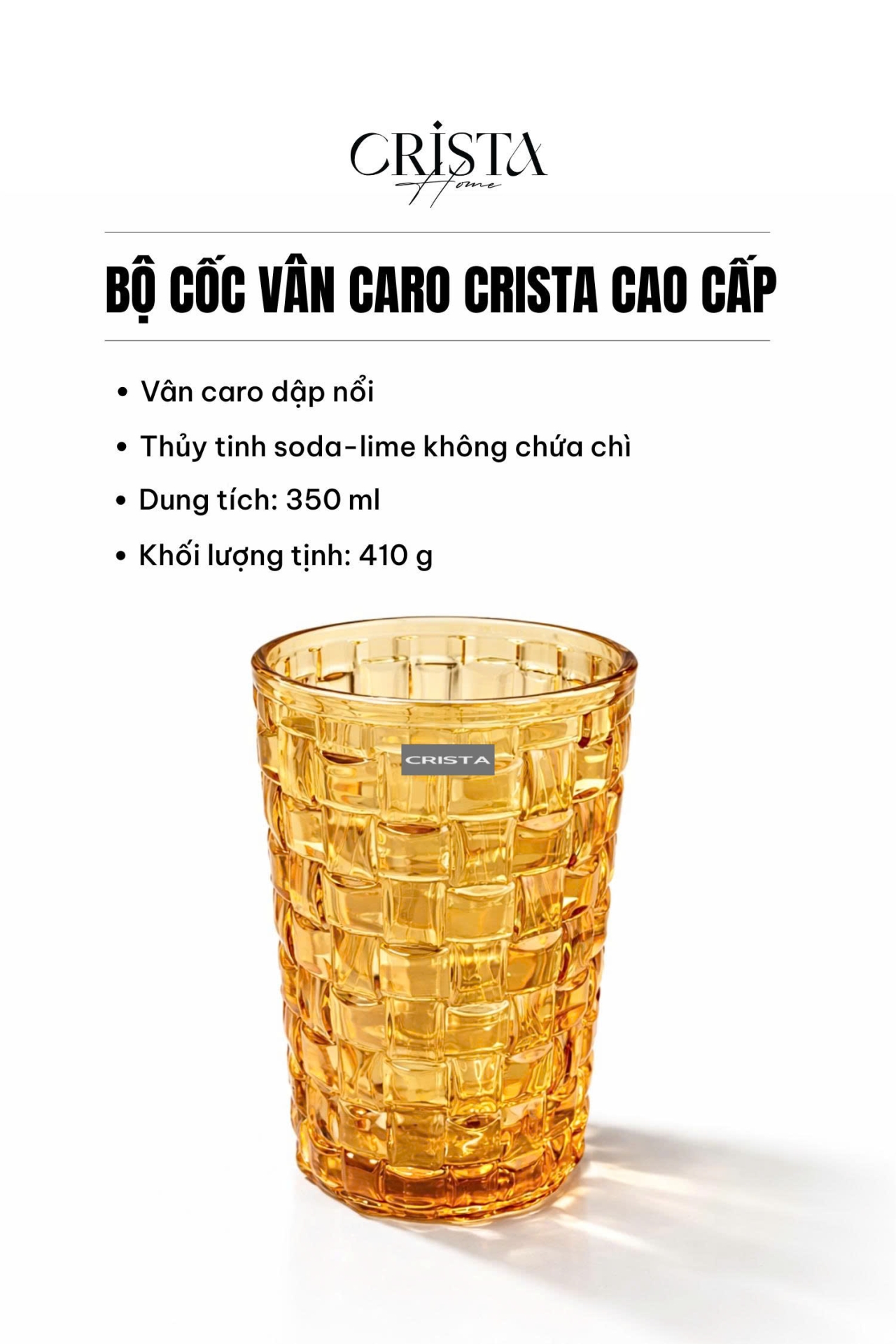 Bộ 6 Cốc Thủy Tinh Cao CRISTA HOME Màu Vàng Vân Caro 350ml (7/7)