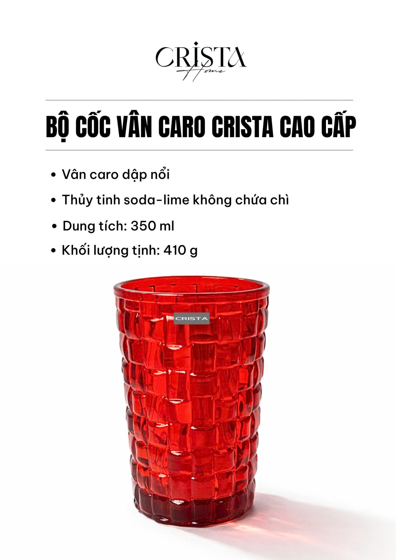 Bộ 6 Cốc Thủy Tinh Cao CRISTA HOME Màu Đỏ Vân Caro 350ml (3/8)