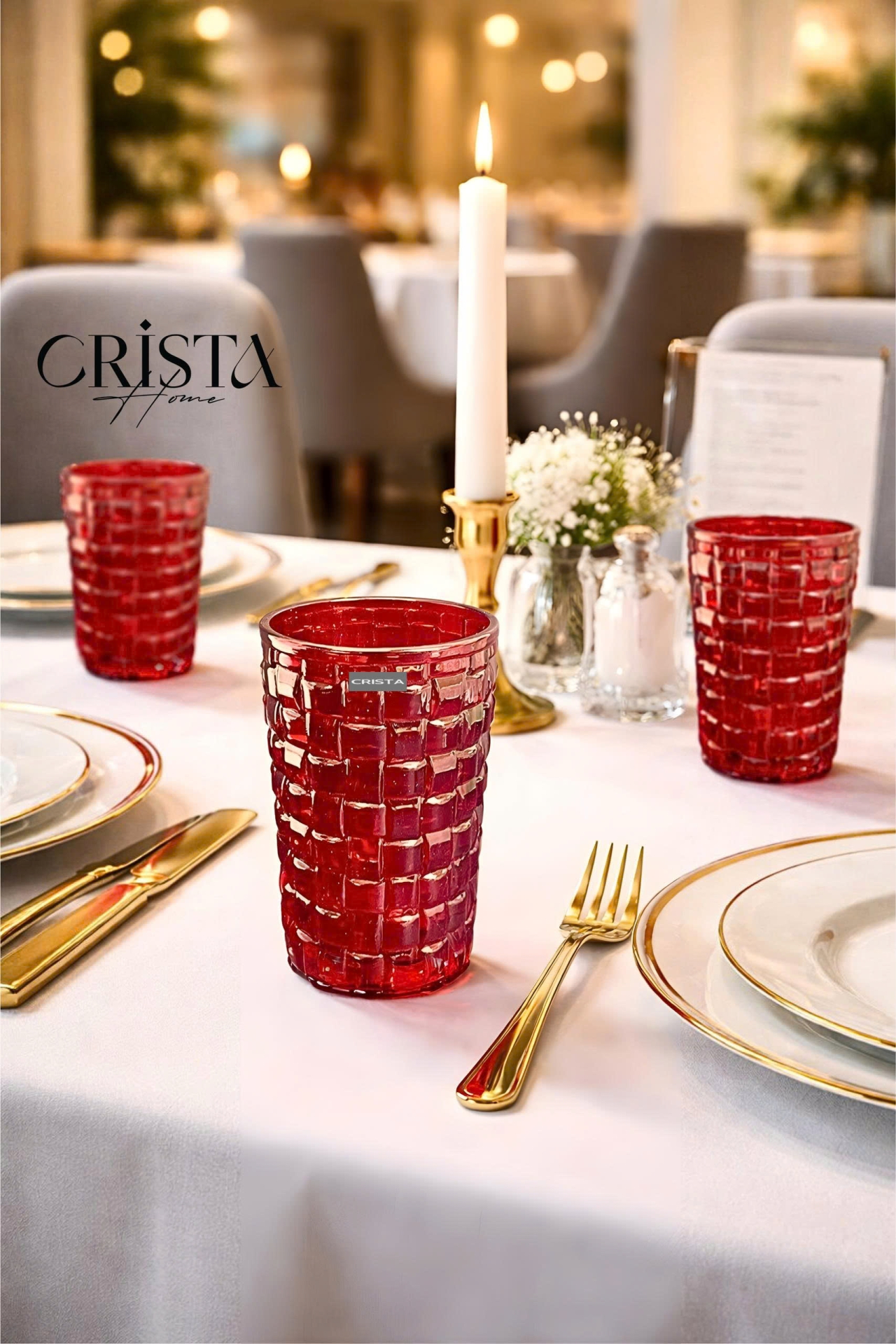 Bộ 6 Cốc Thủy Tinh Cao CRISTA HOME Màu Đỏ Vân Caro 350ml (7/8)