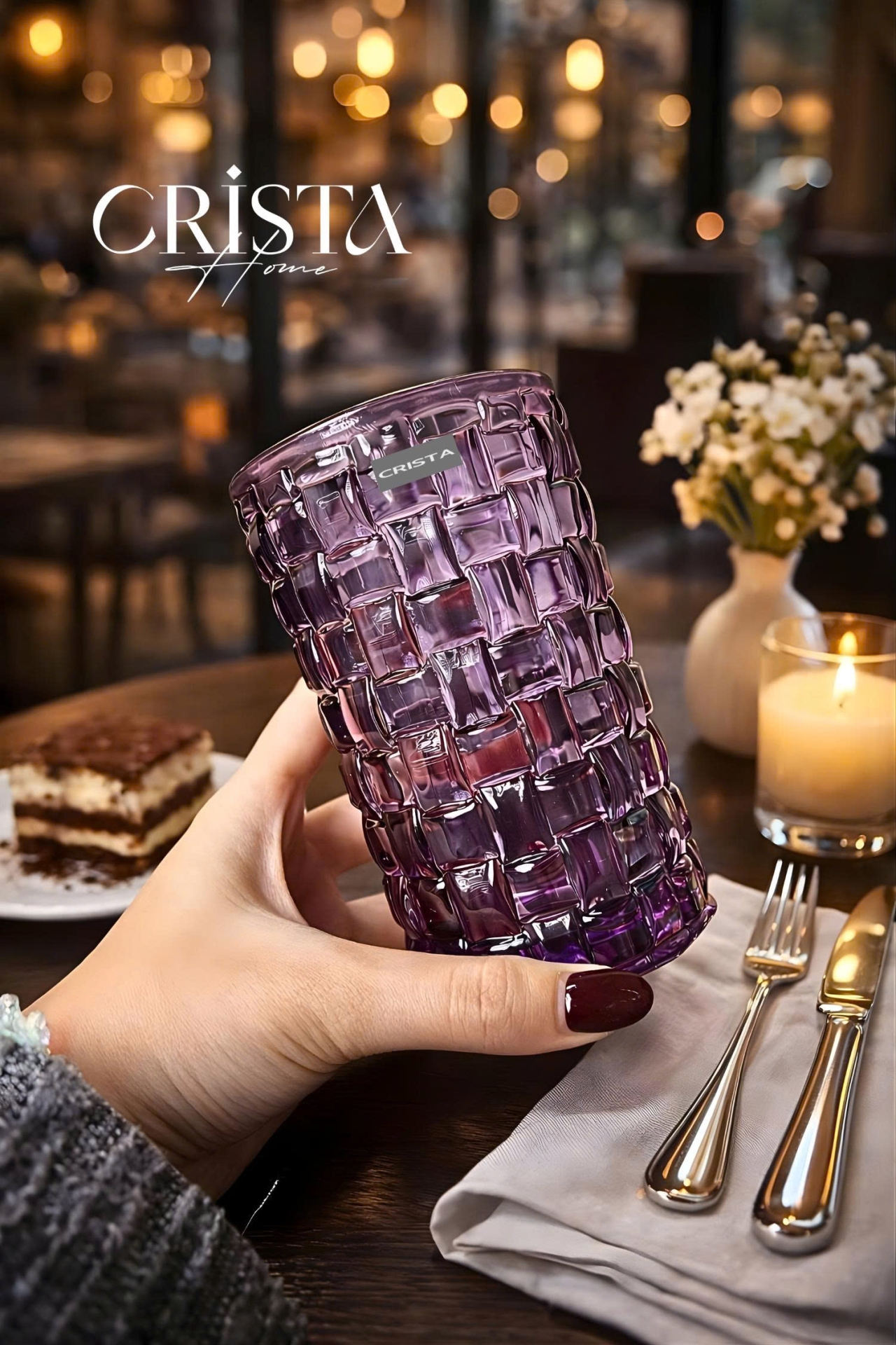 Bộ 6 Cốc Thủy Tinh Cao CRISTA HOME Màu Tím Vân Caro 350ml (3/10)