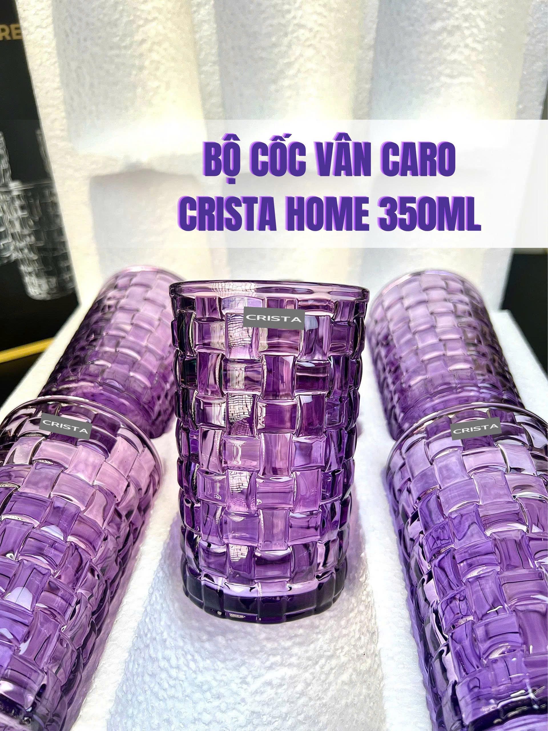 Bộ 6 Cốc Thủy Tinh Cao CRISTA HOME Màu Tím Vân Caro 350ml (6/10)