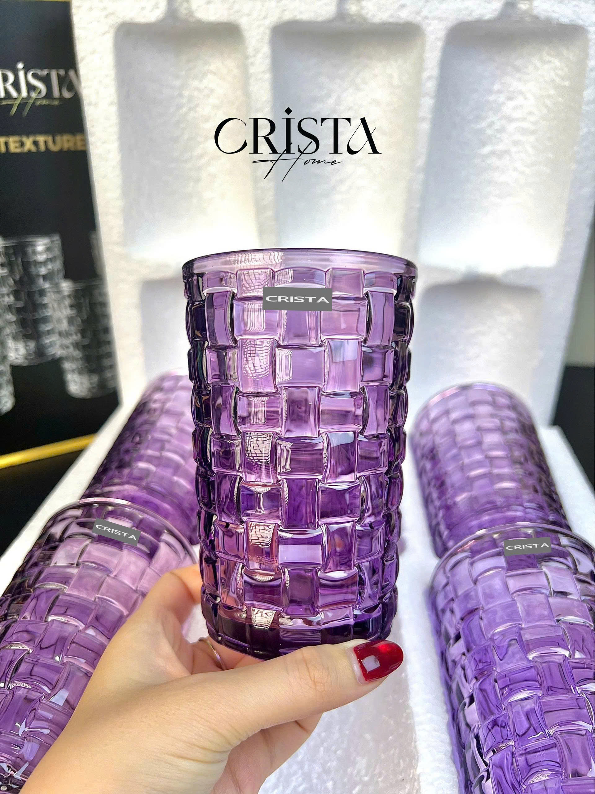 Bộ 6 Cốc Thủy Tinh Cao CRISTA HOME Màu Tím Vân Caro 350ml (7/10)