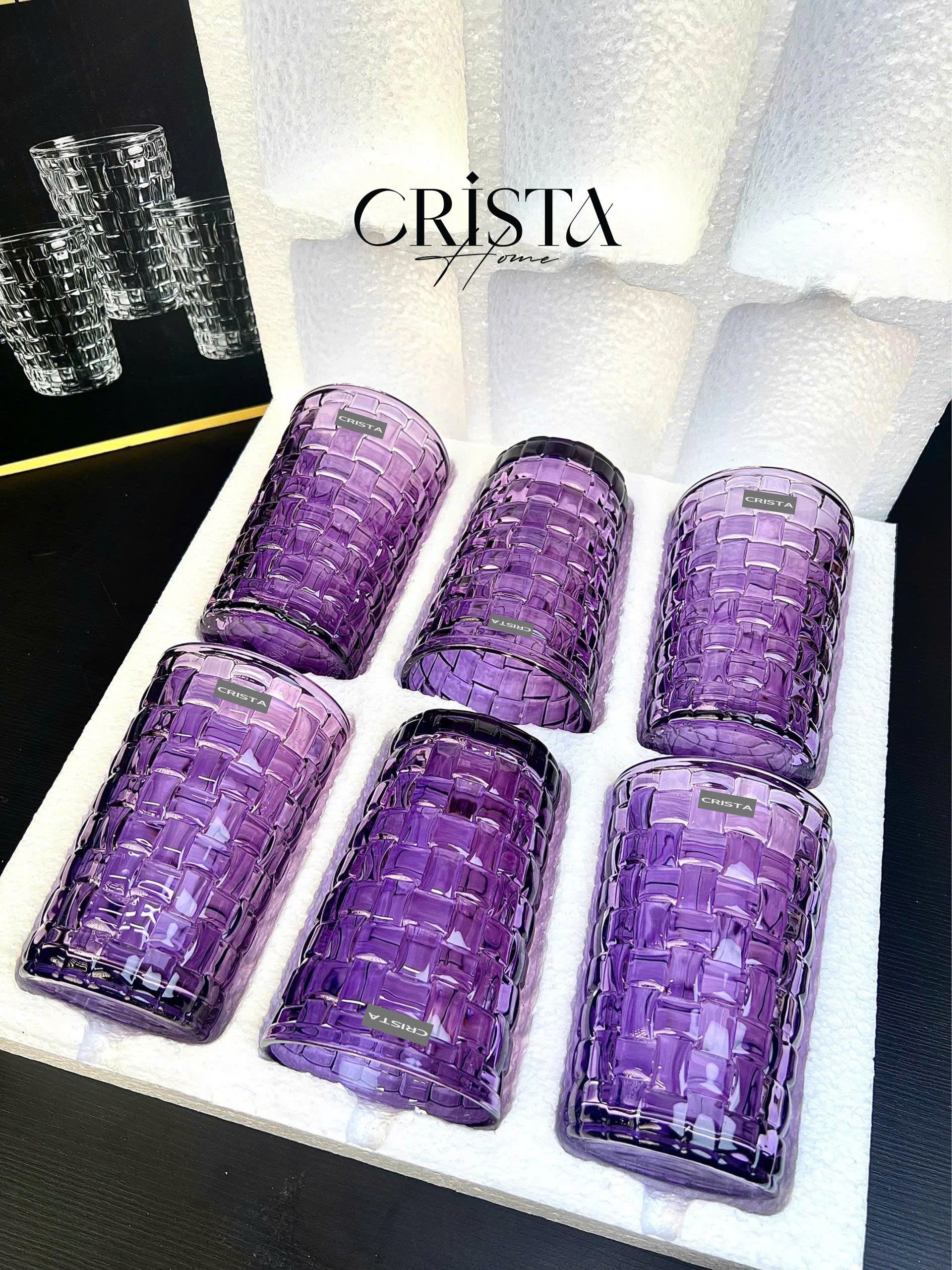 Bộ 6 Cốc Thủy Tinh Cao CRISTA HOME Màu Tím Vân Caro 350ml (8/10)