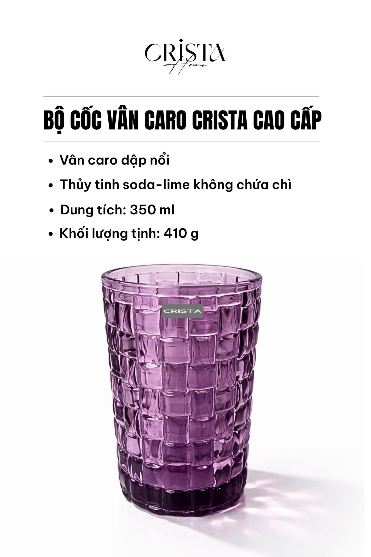 Bộ 6 Cốc Thủy Tinh Cao CRISTA HOME Màu Tím Vân Caro 350ml (10/10)