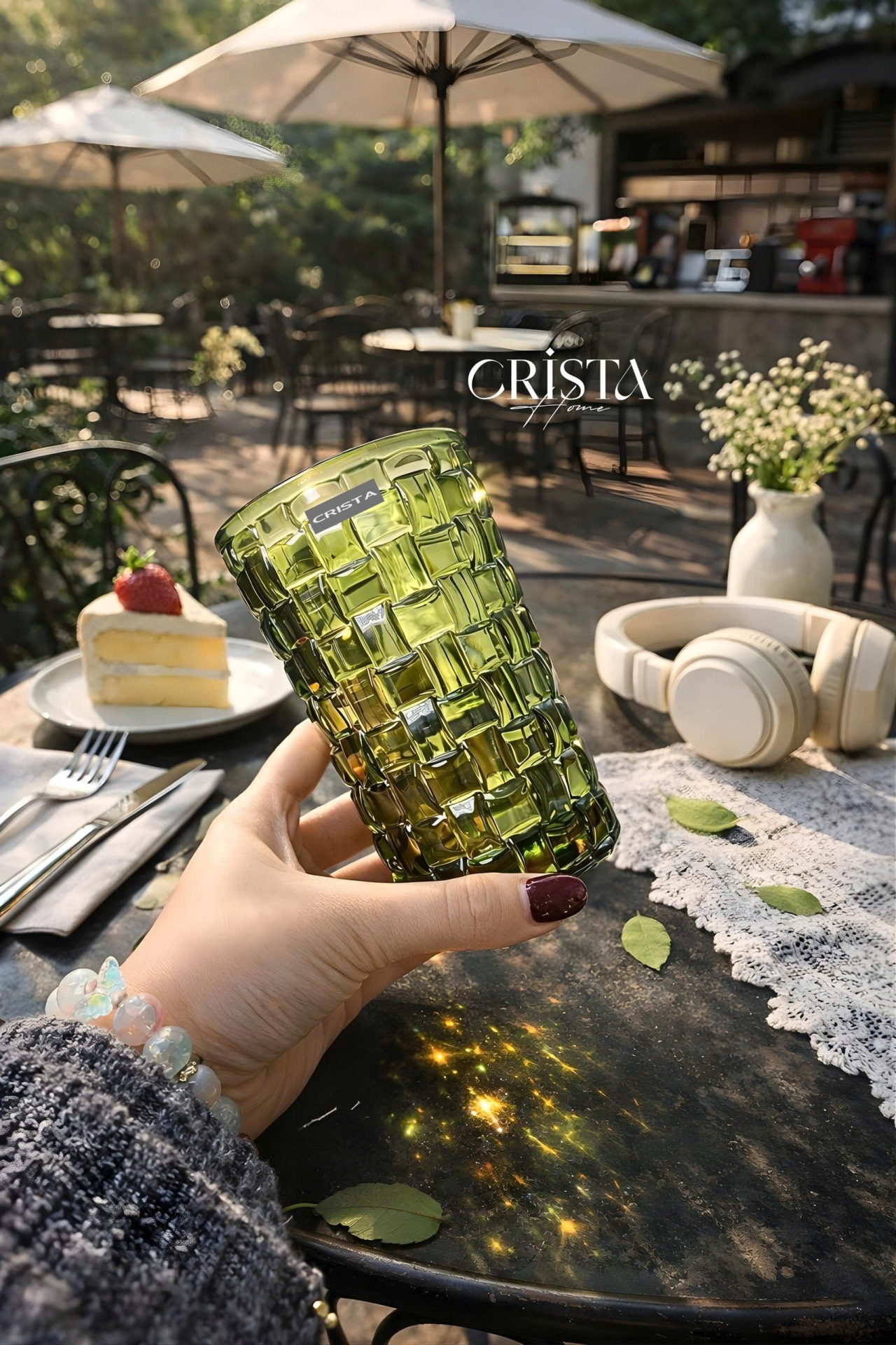 Bộ 6 Cốc Thủy Tinh Cao CRISTA HOME Màu Xanh Lá Vân Caro 350ml (5/9)