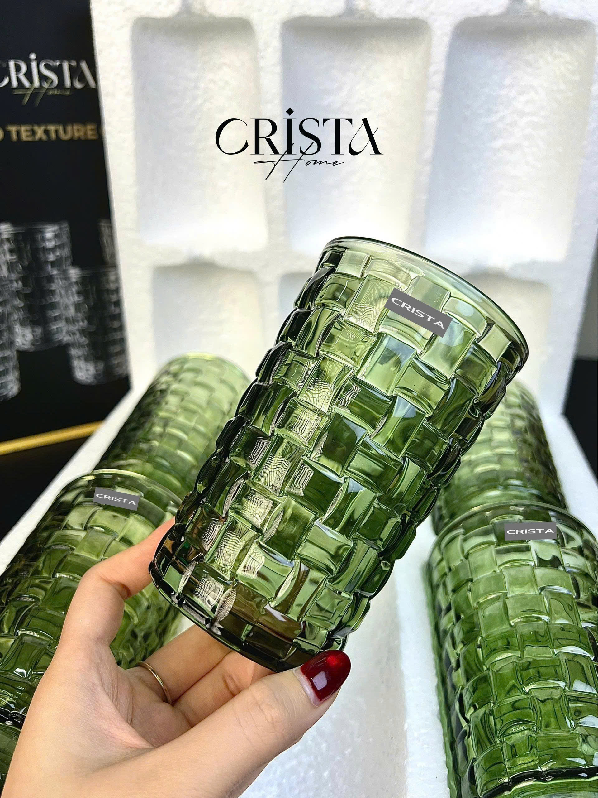 Bộ 6 Cốc Thủy Tinh Cao CRISTA HOME Màu Xanh Lá Vân Caro 350ml (6/9)