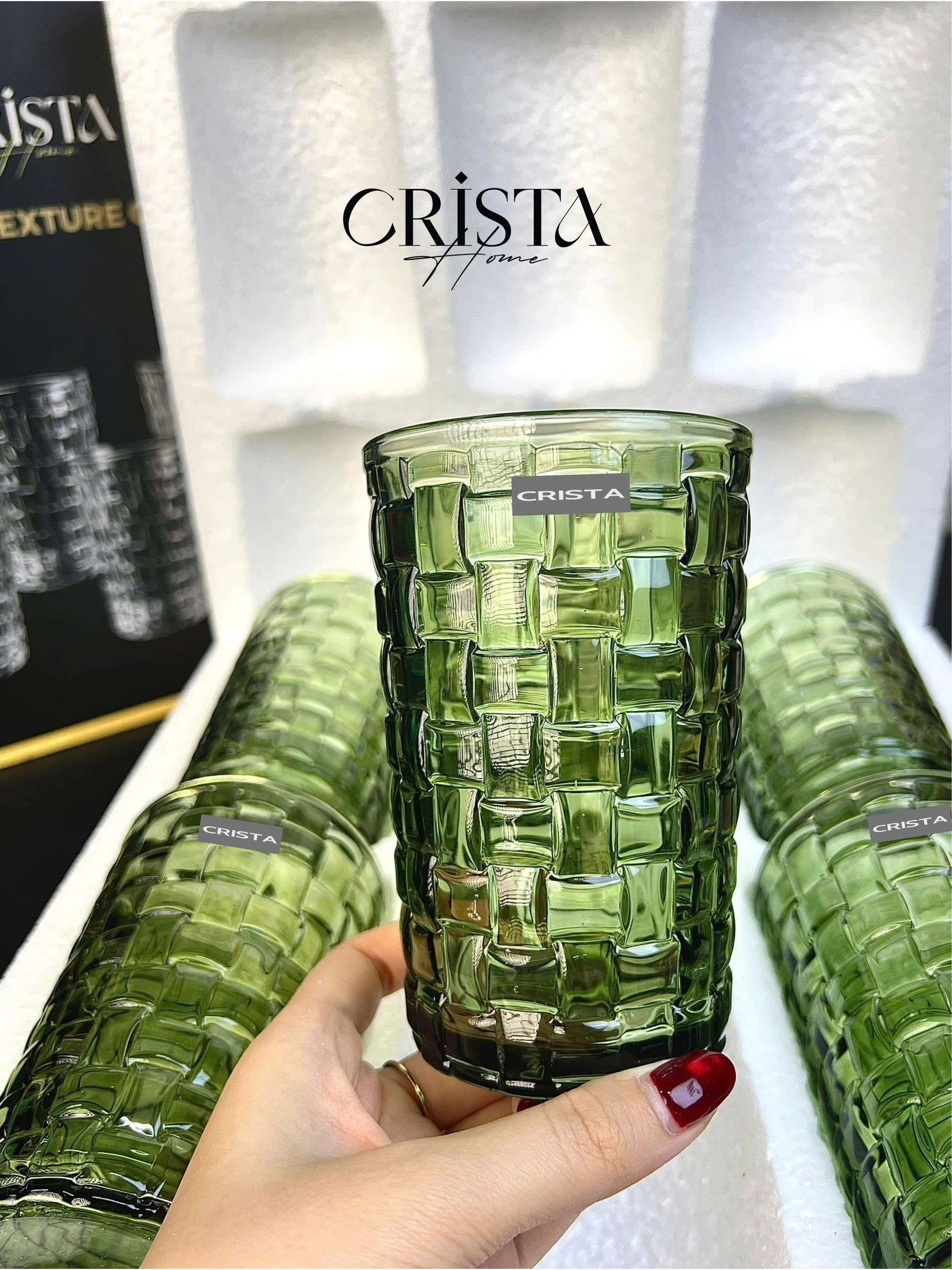 Bộ 6 Cốc Thủy Tinh Cao CRISTA HOME Màu Xanh Lá Vân Caro 350ml (7/9)