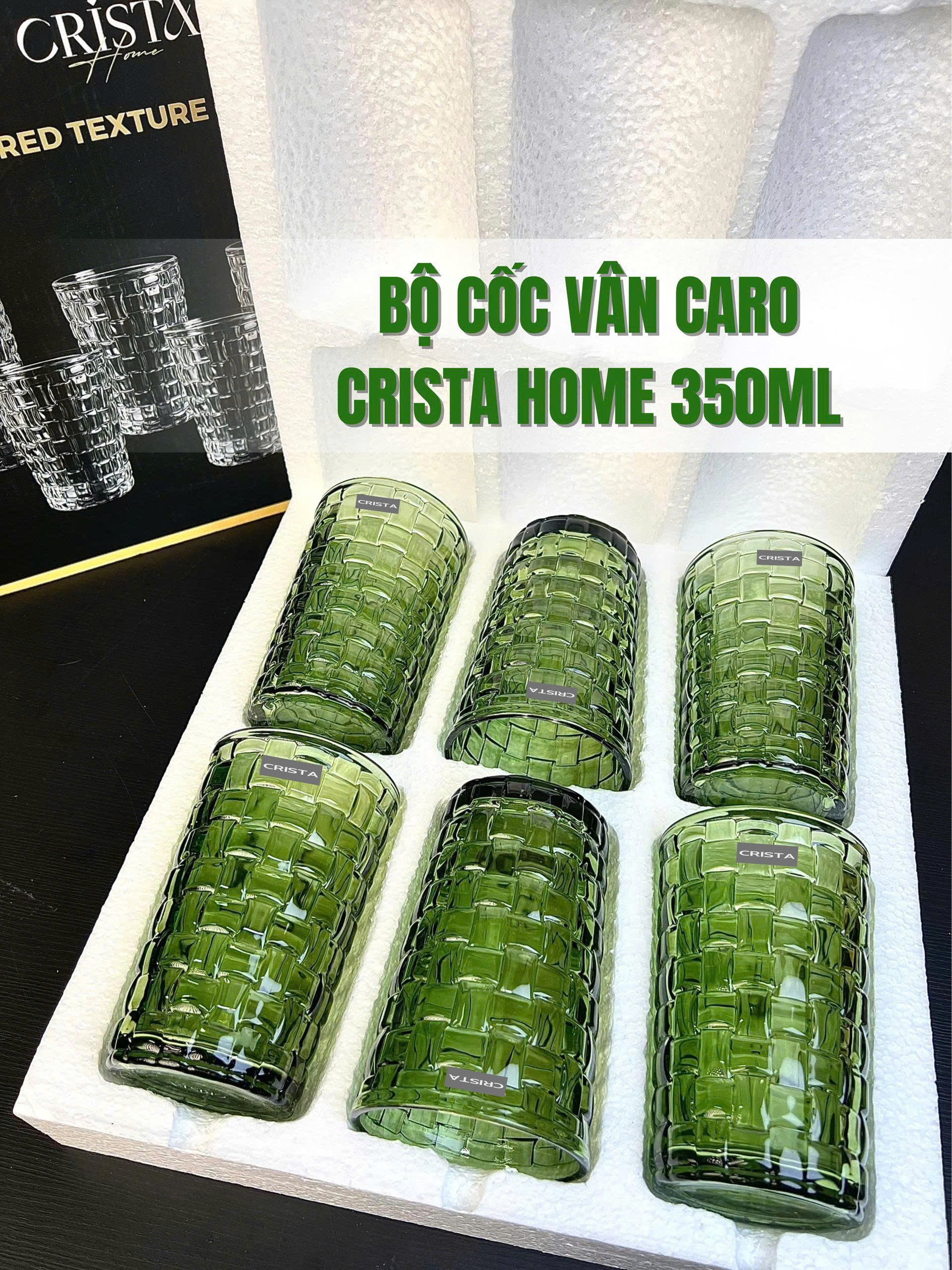 Bộ 6 Cốc Thủy Tinh Cao CRISTA HOME Màu Xanh Lá Vân Caro 350ml (8/9)