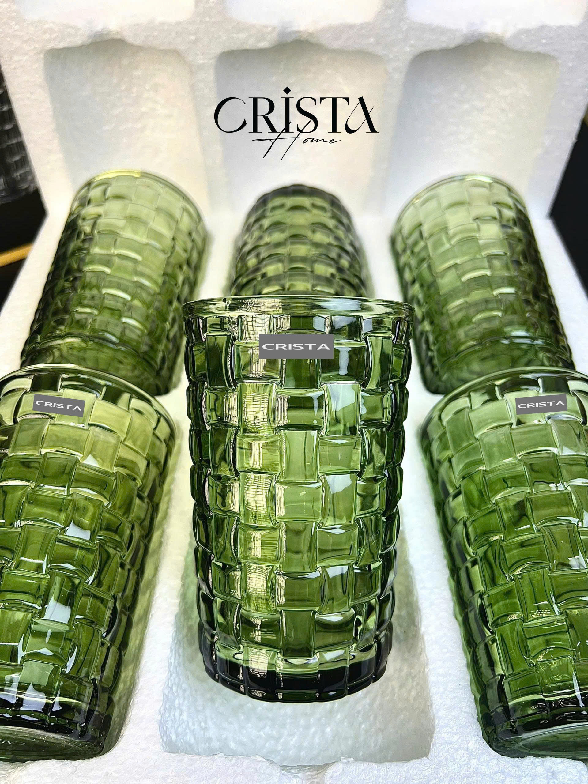 Bộ 6 Cốc Thủy Tinh Cao CRISTA HOME Màu Xanh Lá Vân Caro 350ml (9/9)