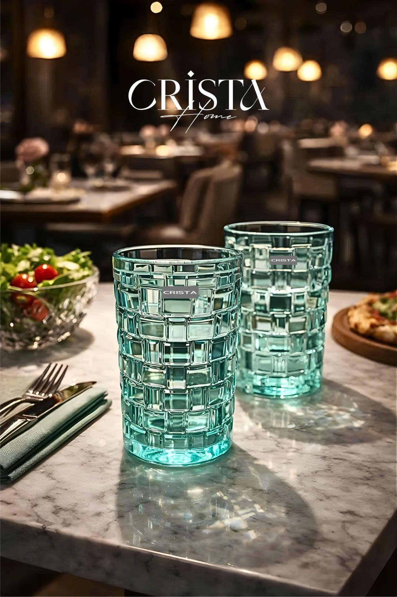 Bộ 6 Cốc Thủy Tinh Cao CRISTA HOME Màu Xanh Mint Vân Caro 350ml (5/8)