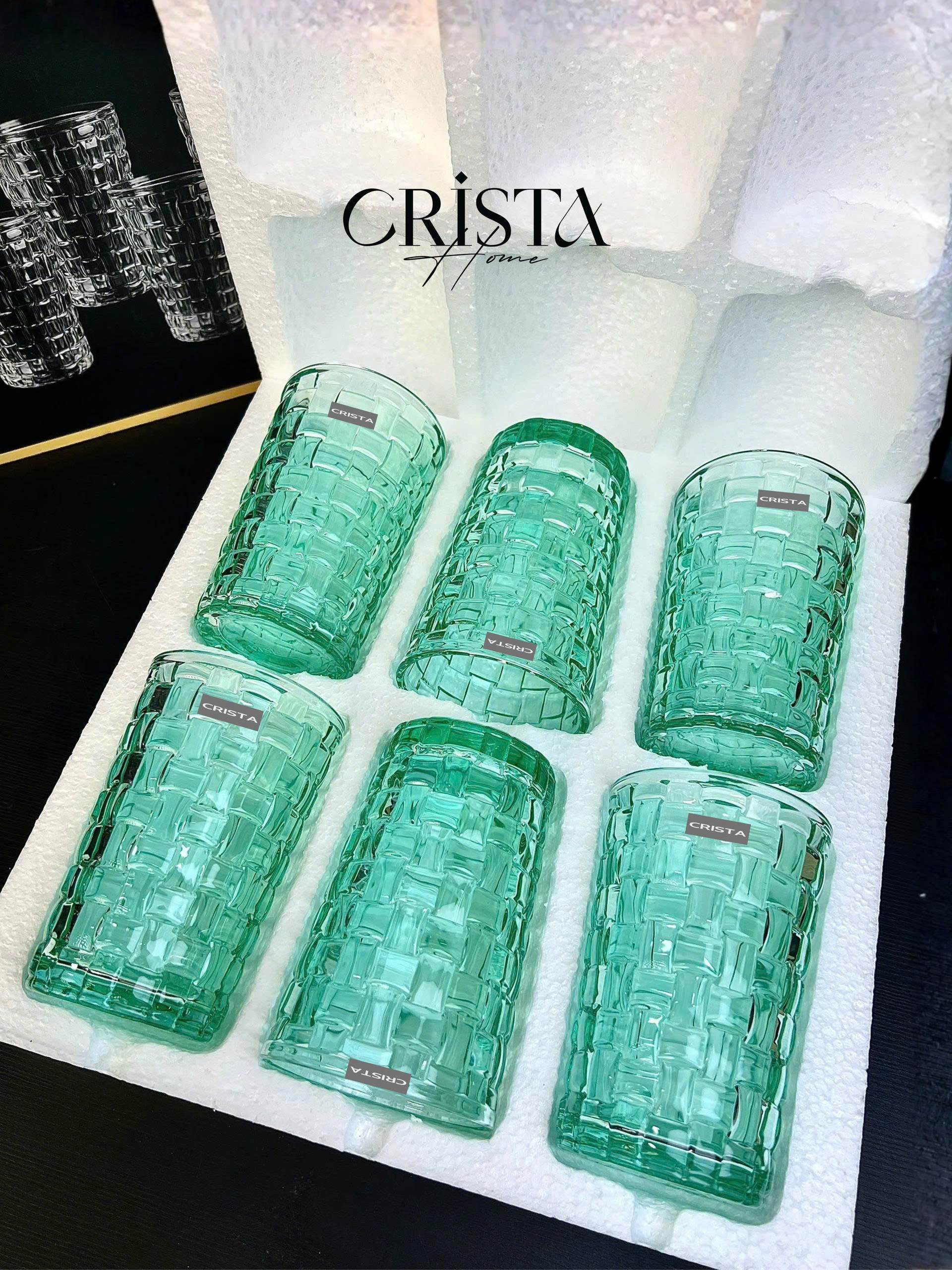 Bộ 6 Cốc Thủy Tinh Cao CRISTA HOME Màu Xanh Mint Vân Caro 350ml (6/8)