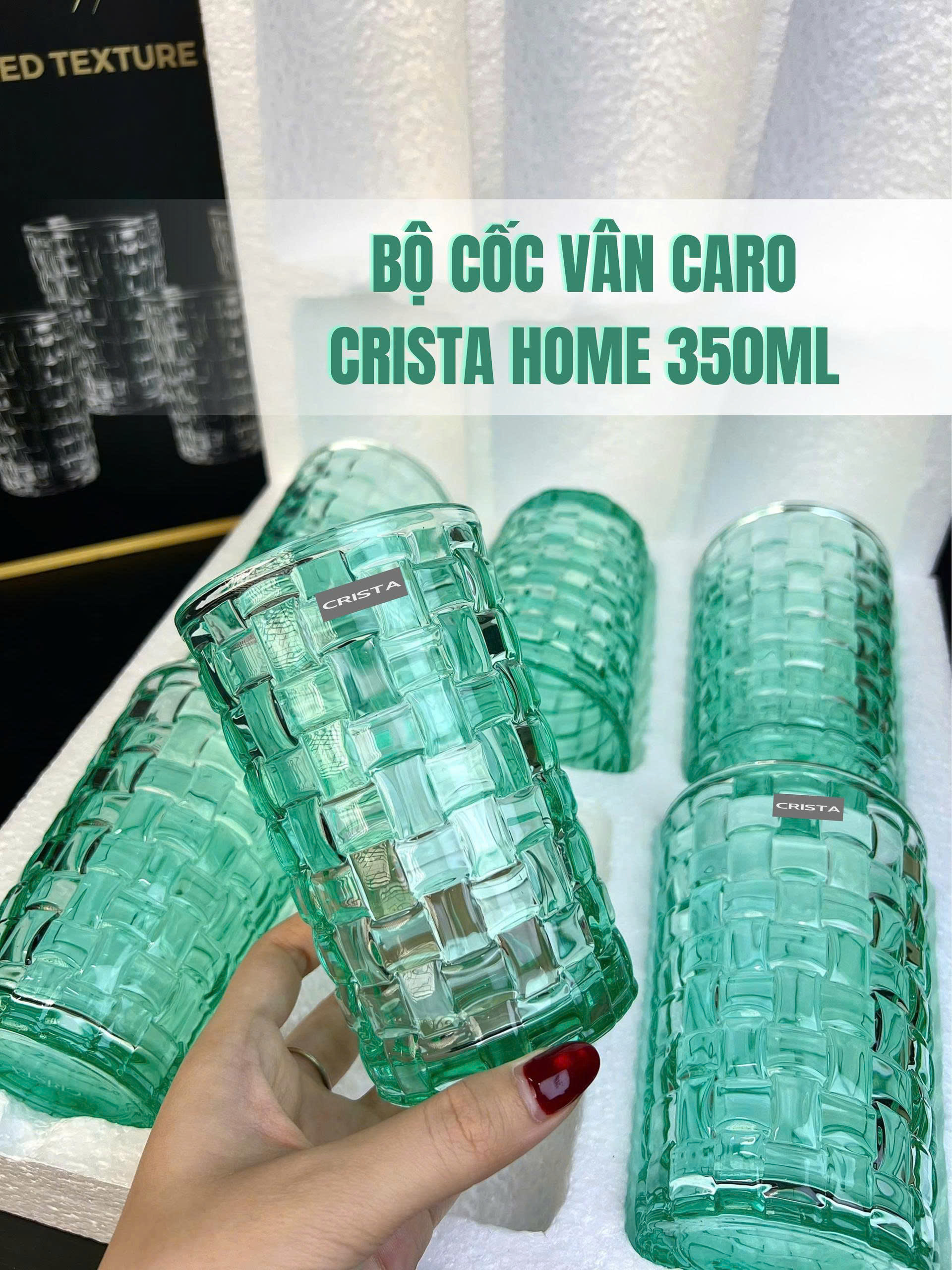 Bộ 6 Cốc Thủy Tinh Cao CRISTA HOME Màu Xanh Mint Vân Caro 350ml (7/8)