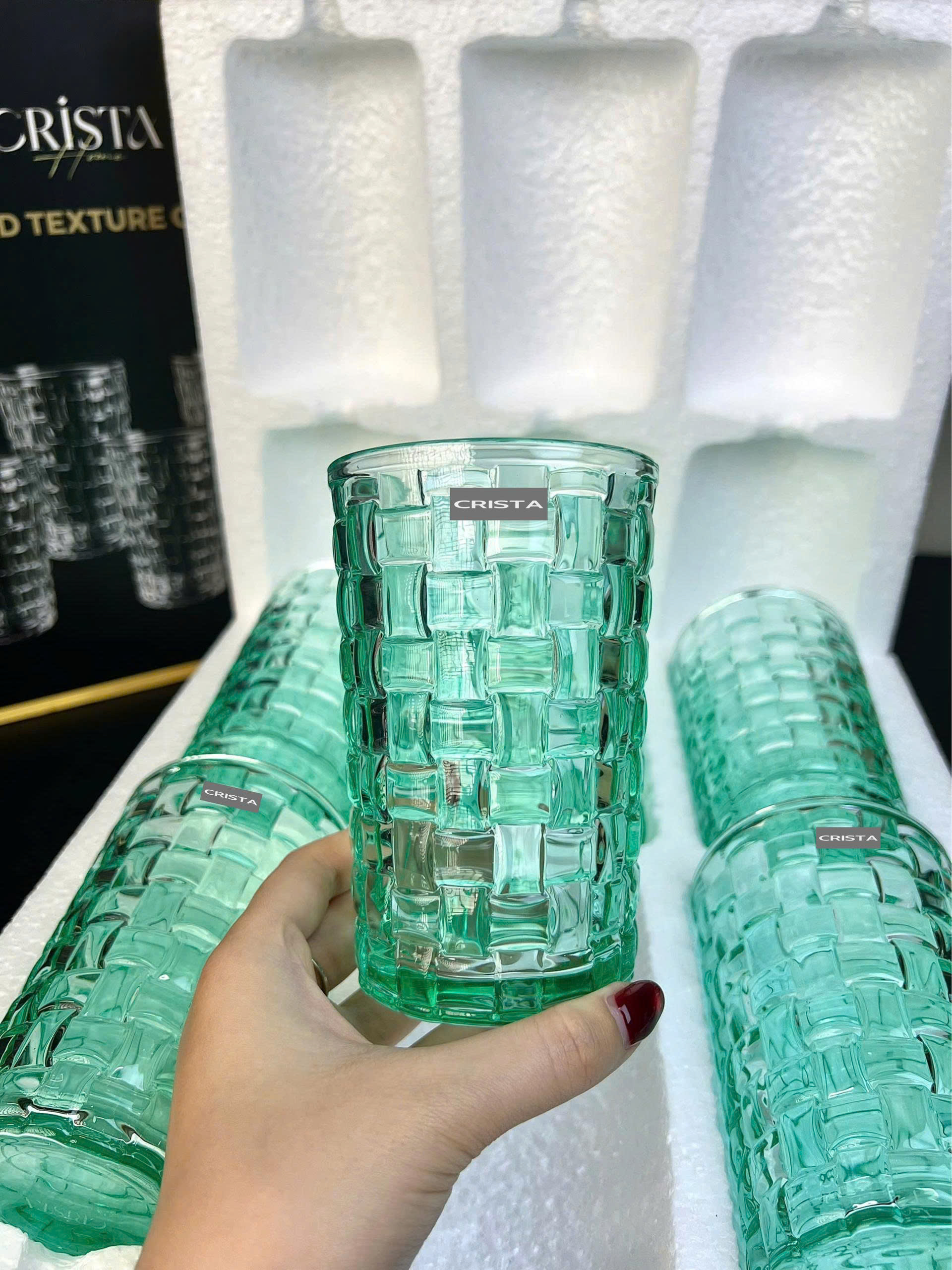 Bộ 6 Cốc Thủy Tinh Cao CRISTA HOME Màu Xanh Mint Vân Caro 350ml (8/8)