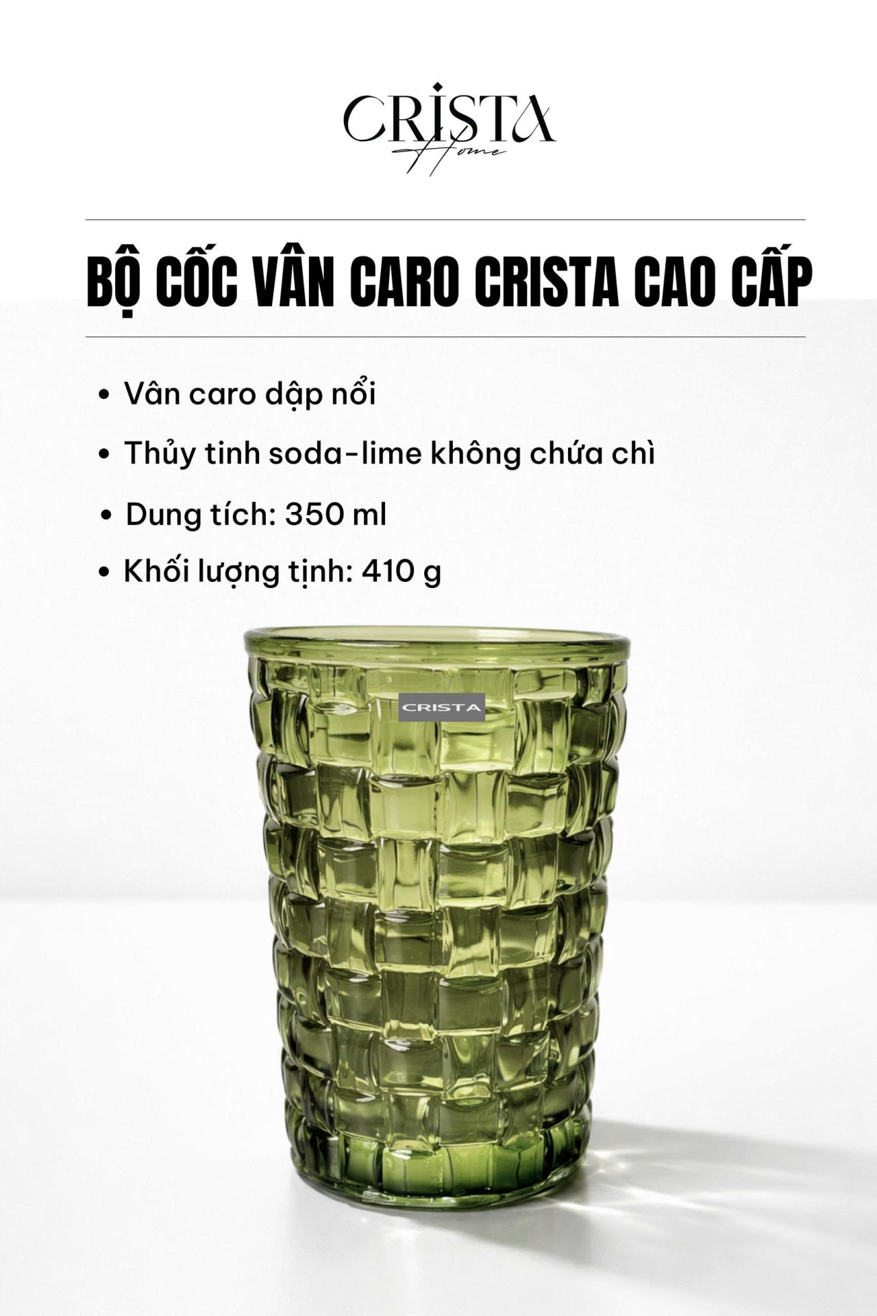 Bộ 6 Cốc Thủy Tinh Cao CRISTA HOME Mix Màu Vân Caro 350ml (8/8)