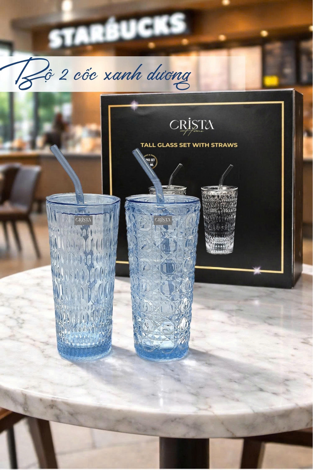 BỘ 2 CỐC THỦY TINH KÈM ỐNG HÚT - 5 Màu, 500ML CRISTA HOME — Xanh dương (2/17)