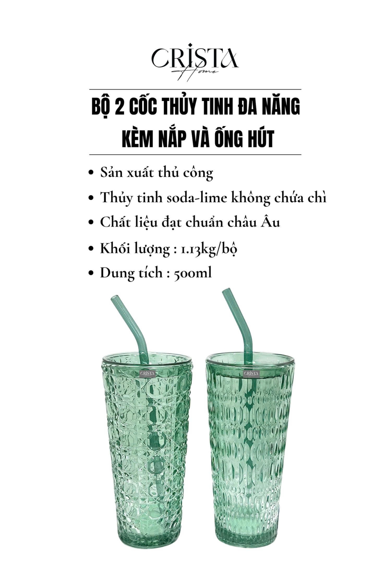 BỘ 2 CỐC THỦY TINH KÈM ỐNG HÚT - 5 Màu, 500ML CRISTA HOME — Xanh dương (4/17)