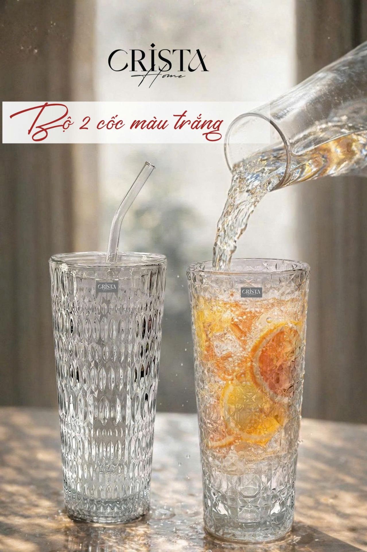 BỘ 2 CỐC THỦY TINH KÈM ỐNG HÚT - 5 Màu, 500ML CRISTA HOME — Xanh dương (10/17)