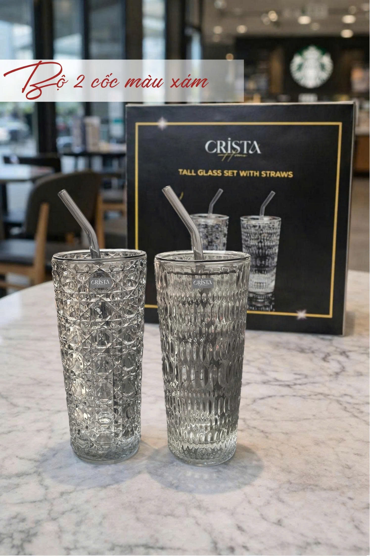 BỘ 2 CỐC THỦY TINH KÈM ỐNG HÚT - 5 Màu, 500ML CRISTA HOME — Xanh dương (12/17)