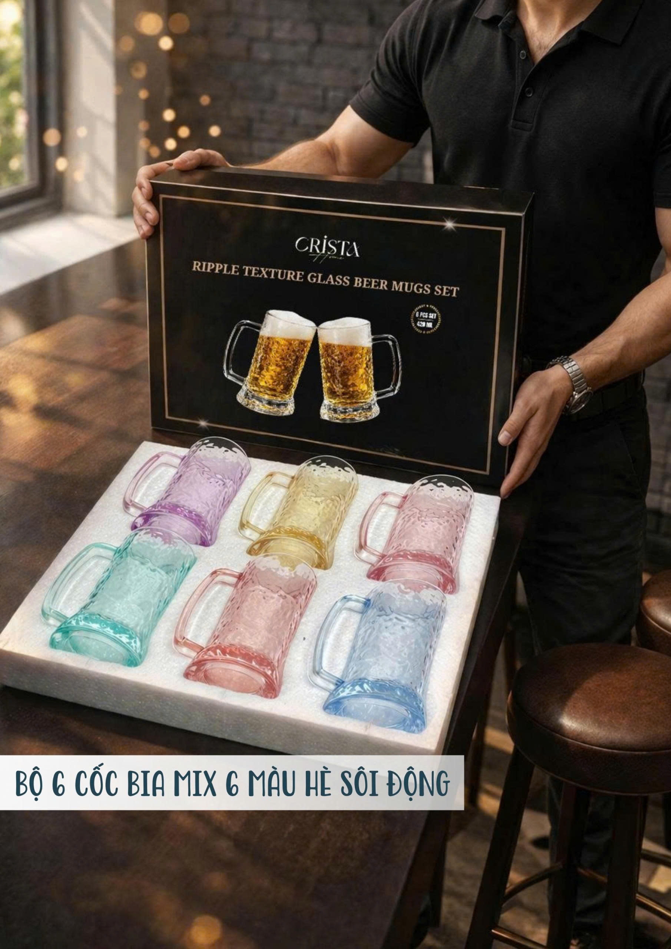 Bộ 6 Cốc Bia Thủy Tinh Vân Sóng Nước Có Quai - 420ML CRISTA HOME — Mix Màu (3/13)