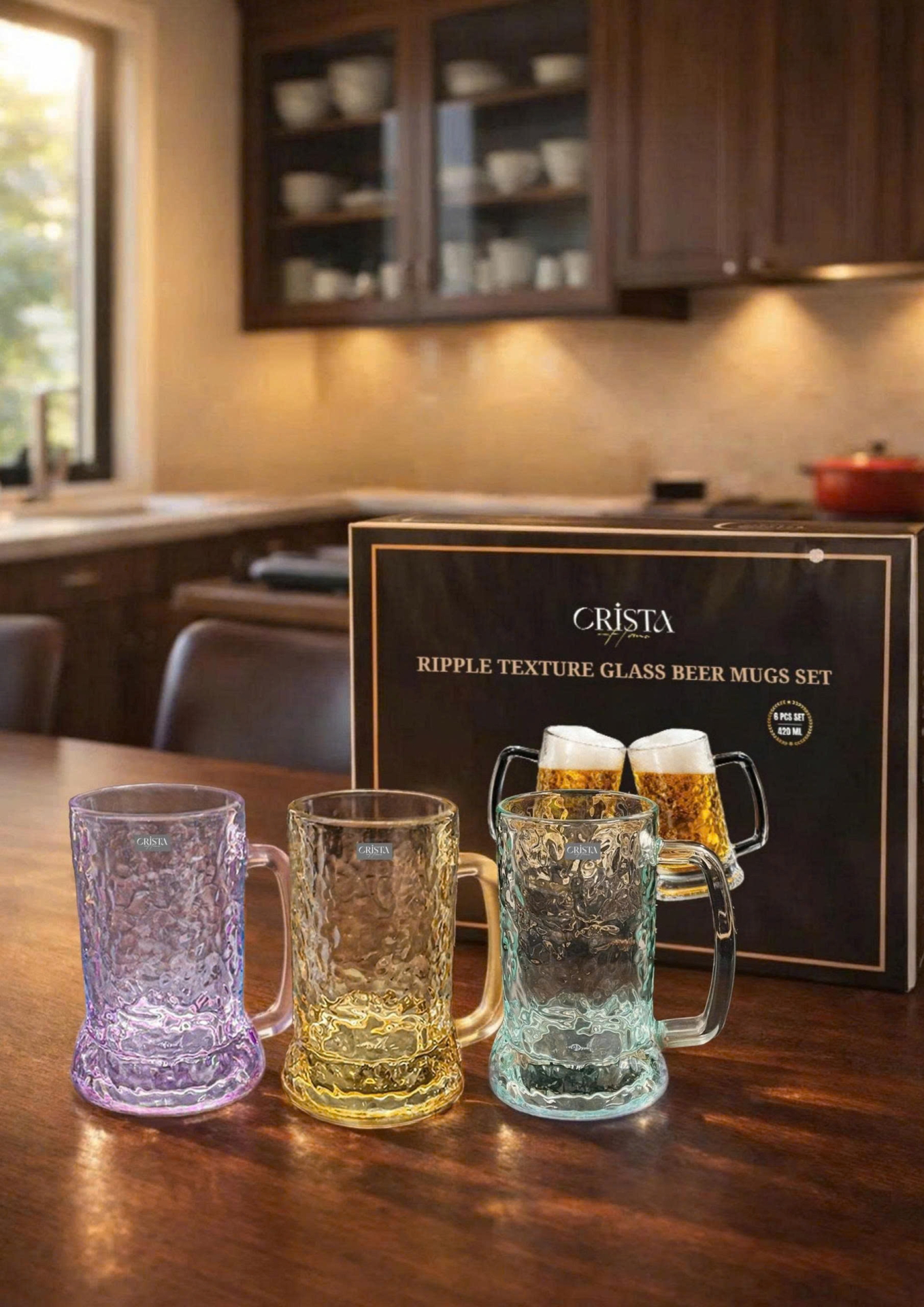 Bộ 6 Cốc Bia Thủy Tinh Vân Sóng Nước Có Quai - 420ML CRISTA HOME — Mix Màu (4/13)