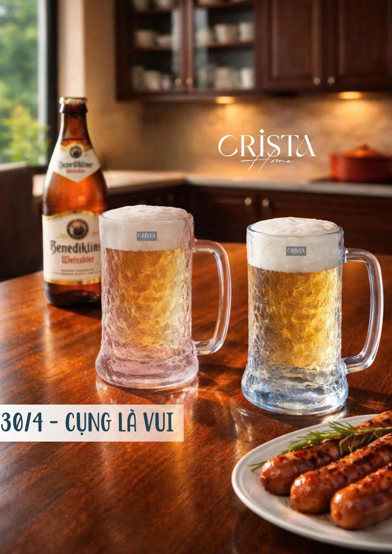 Bộ 6 Cốc Bia Thủy Tinh Vân Sóng Nước Có Quai - 420ML CRISTA HOME — Mix Màu (5/13)