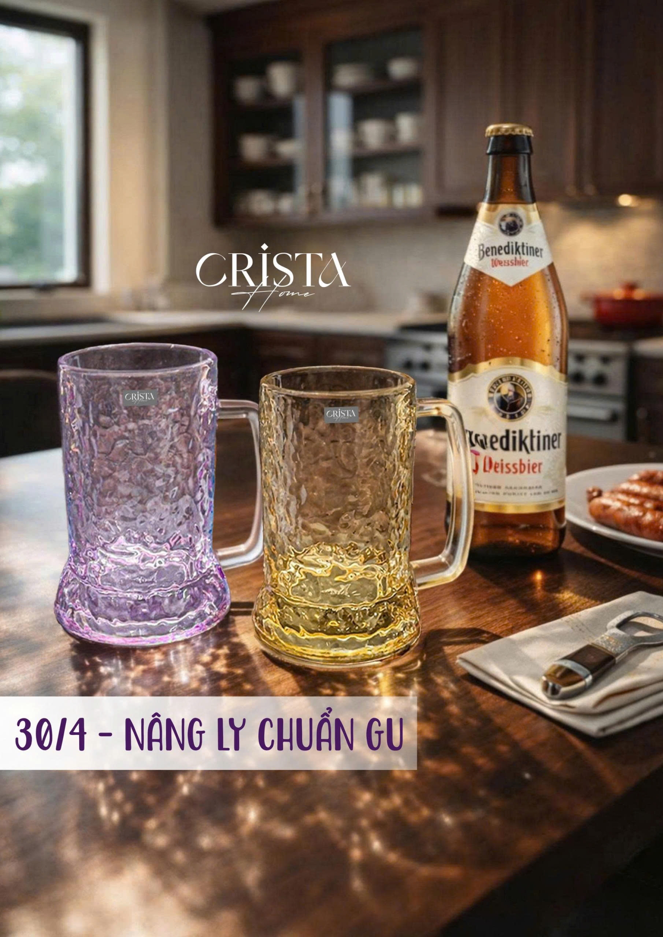 Bộ 6 Cốc Bia Thủy Tinh Vân Sóng Nước Có Quai - 420ML CRISTA HOME — Mix Màu (6/13)