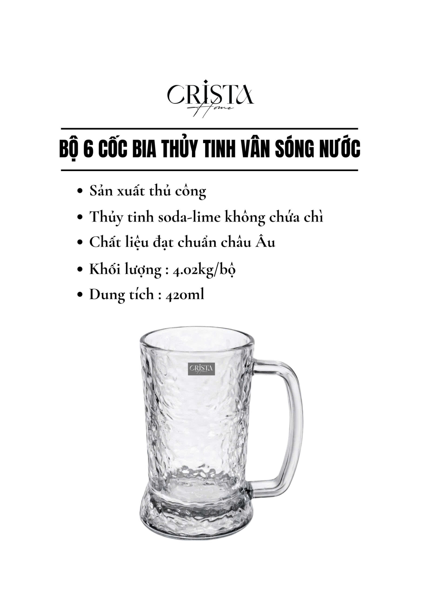 Bộ 6 Cốc Bia Thủy Tinh Vân Sóng Nước Có Quai - 420ML CRISTA HOME — Mix Màu (13/13)