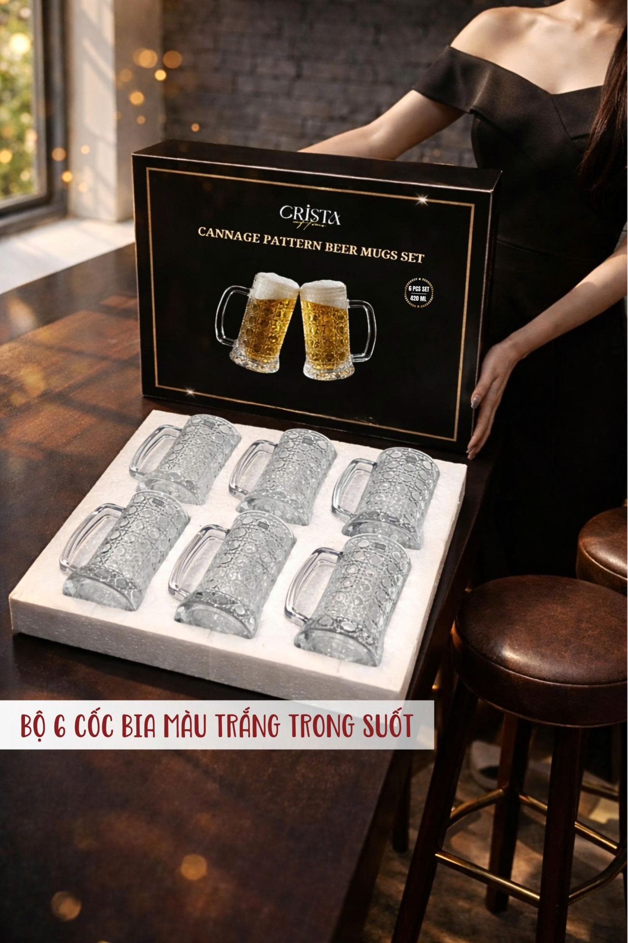 Bộ 6 Cốc Bia Thủy Tinh Vân Pha Lê Có Quai - 420ML CRISTA HOME — Màu Trắng (2/17)