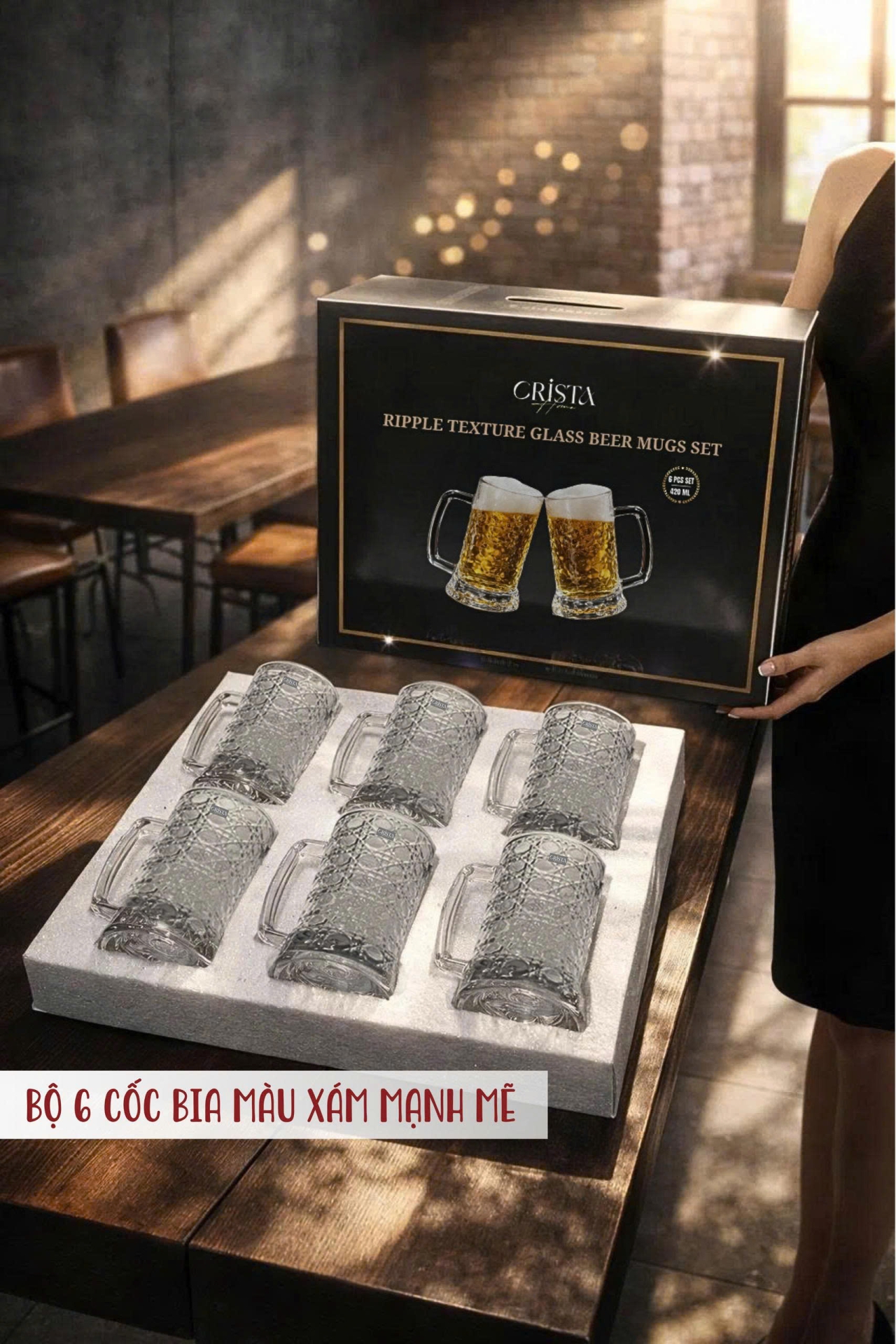 Bộ 6 Cốc Bia Thủy Tinh Vân Pha Lê Có Quai - 420ML CRISTA HOME — Màu Trắng (7/17)