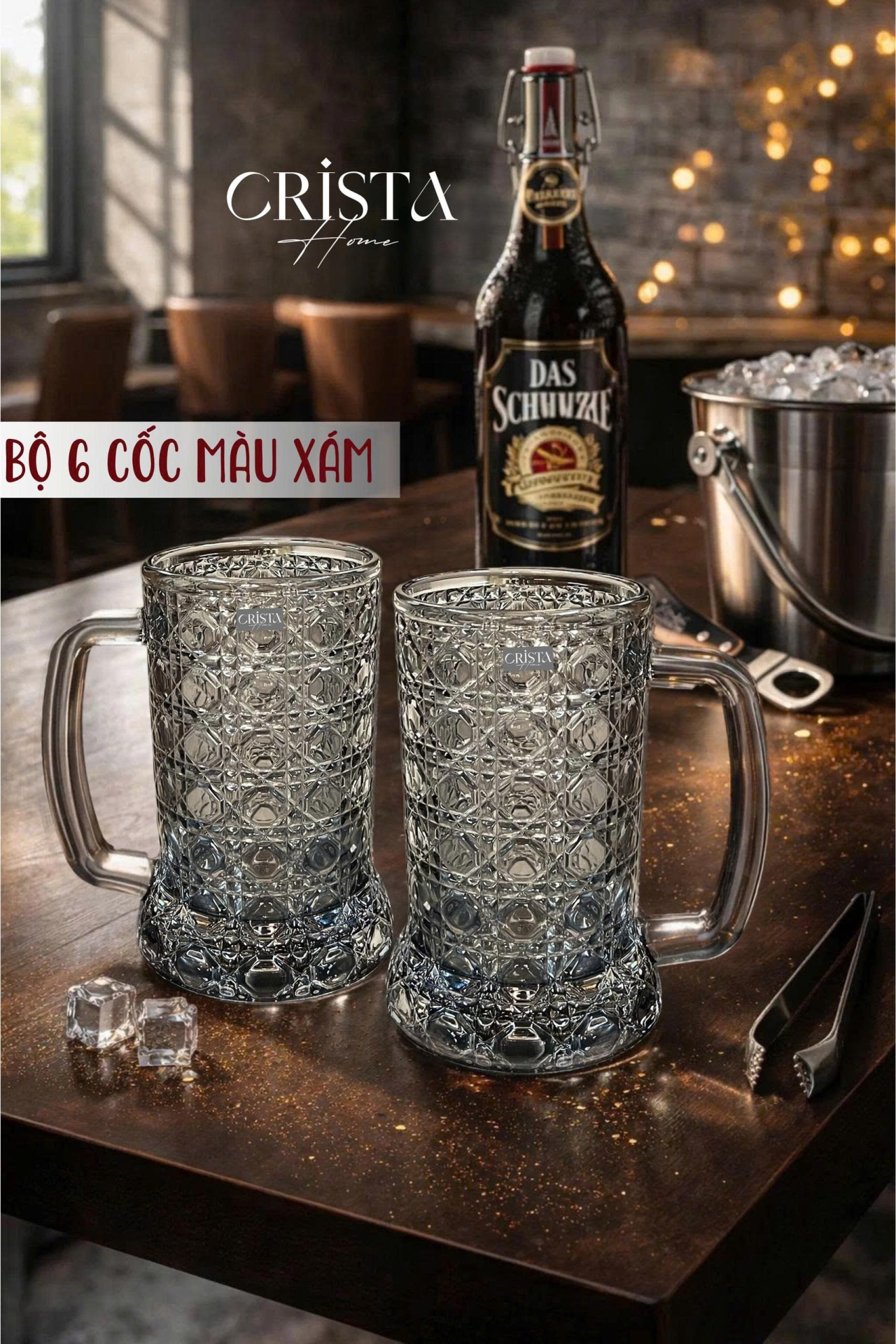 Bộ 6 Cốc Bia Thủy Tinh Vân Pha Lê Có Quai - 420ML CRISTA HOME — Màu Trắng (9/17)