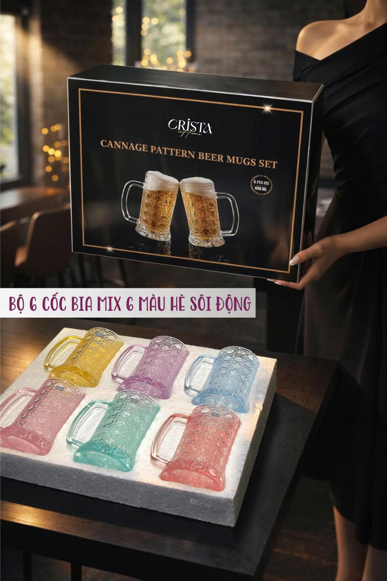 Bộ 6 Cốc Bia Thủy Tinh Vân Pha Lê Có Quai - 420ML CRISTA HOME — Màu Trắng (10/17)