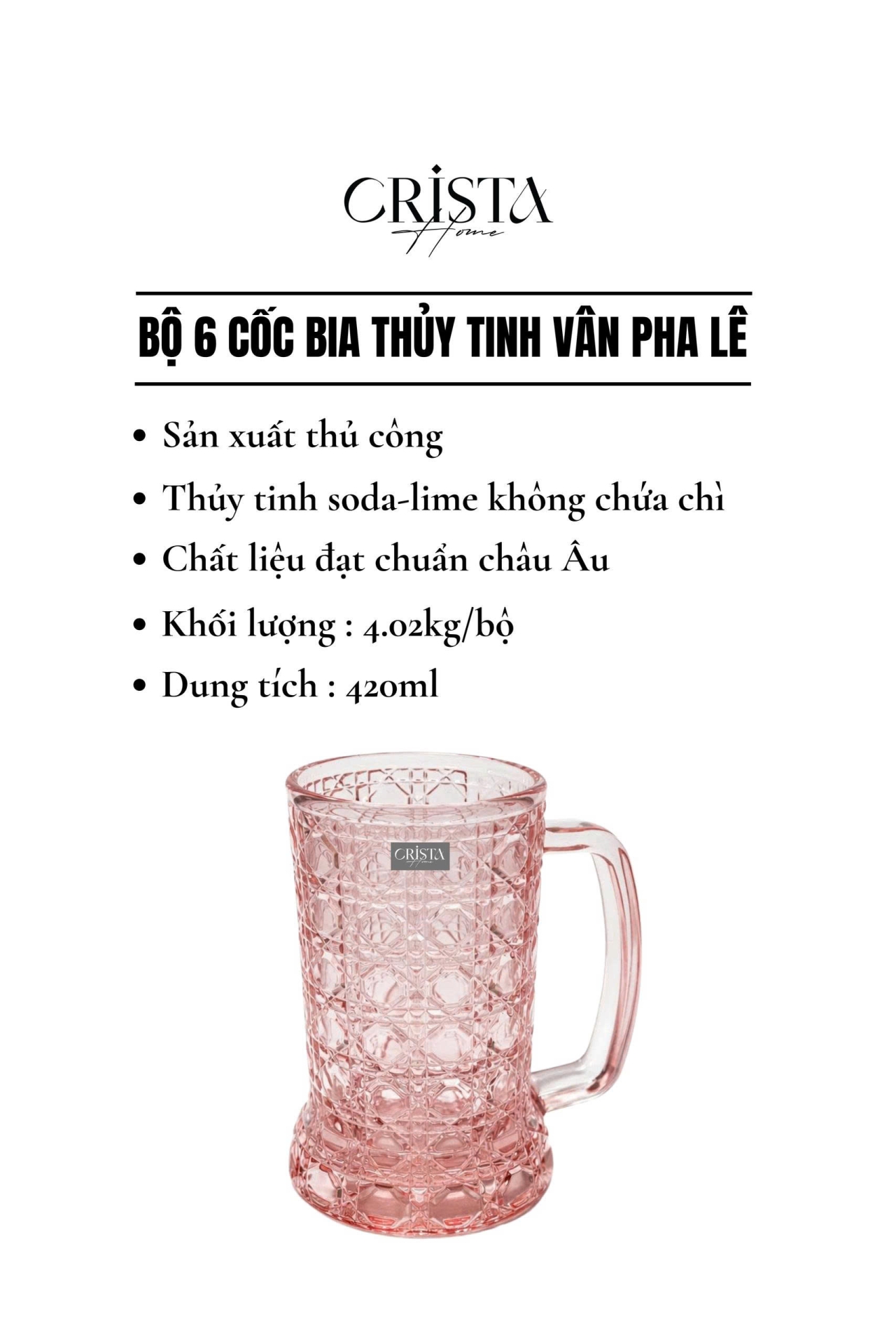 Bộ 6 Cốc Bia Thủy Tinh Vân Pha Lê Có Quai - 420ML CRISTA HOME — Màu Trắng (16/17)