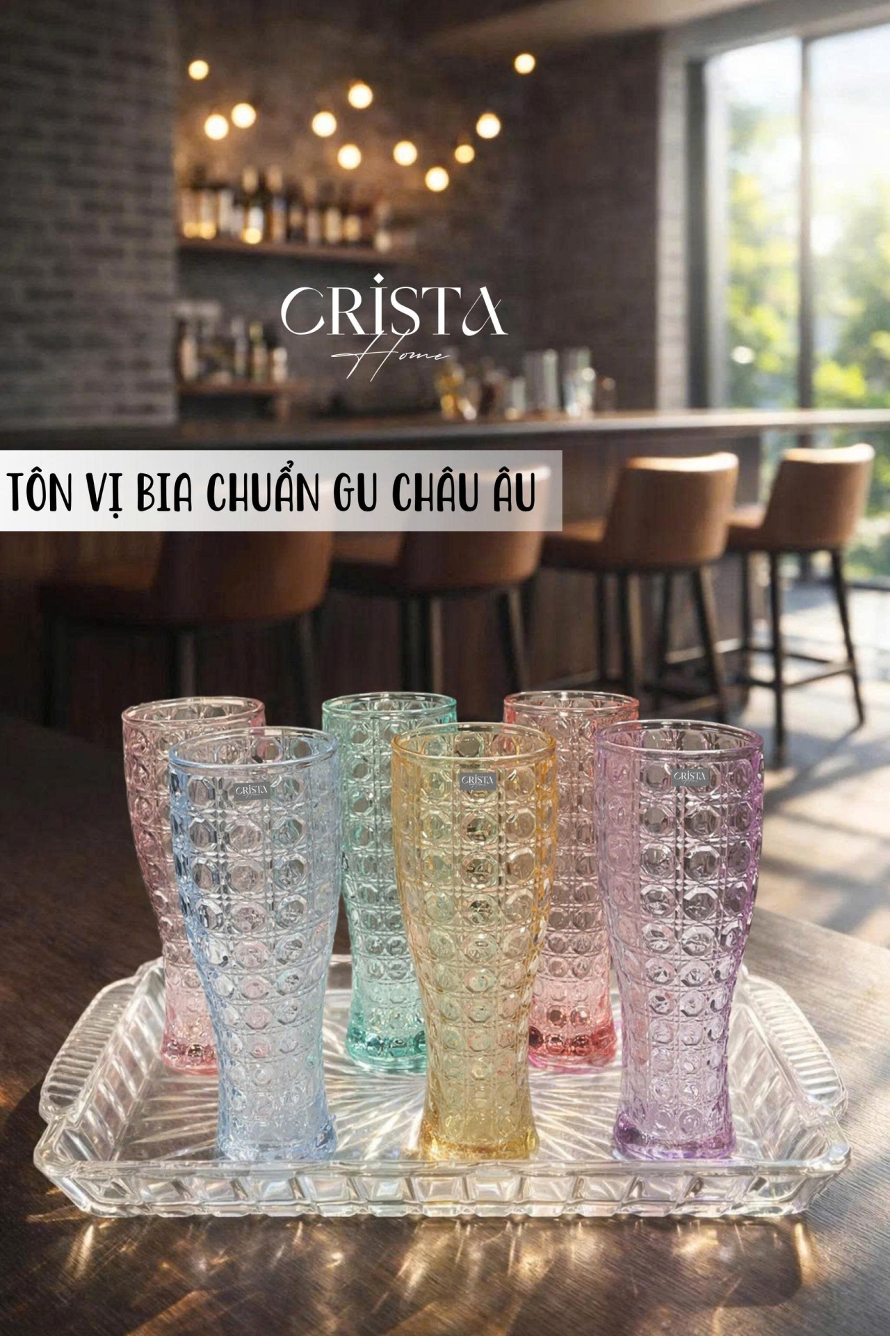 BỘ 6 LY BIA THỦY TINH VÂN PHA LÊ  - 440ML CRISTA HOME  — Mix màu (4/12)