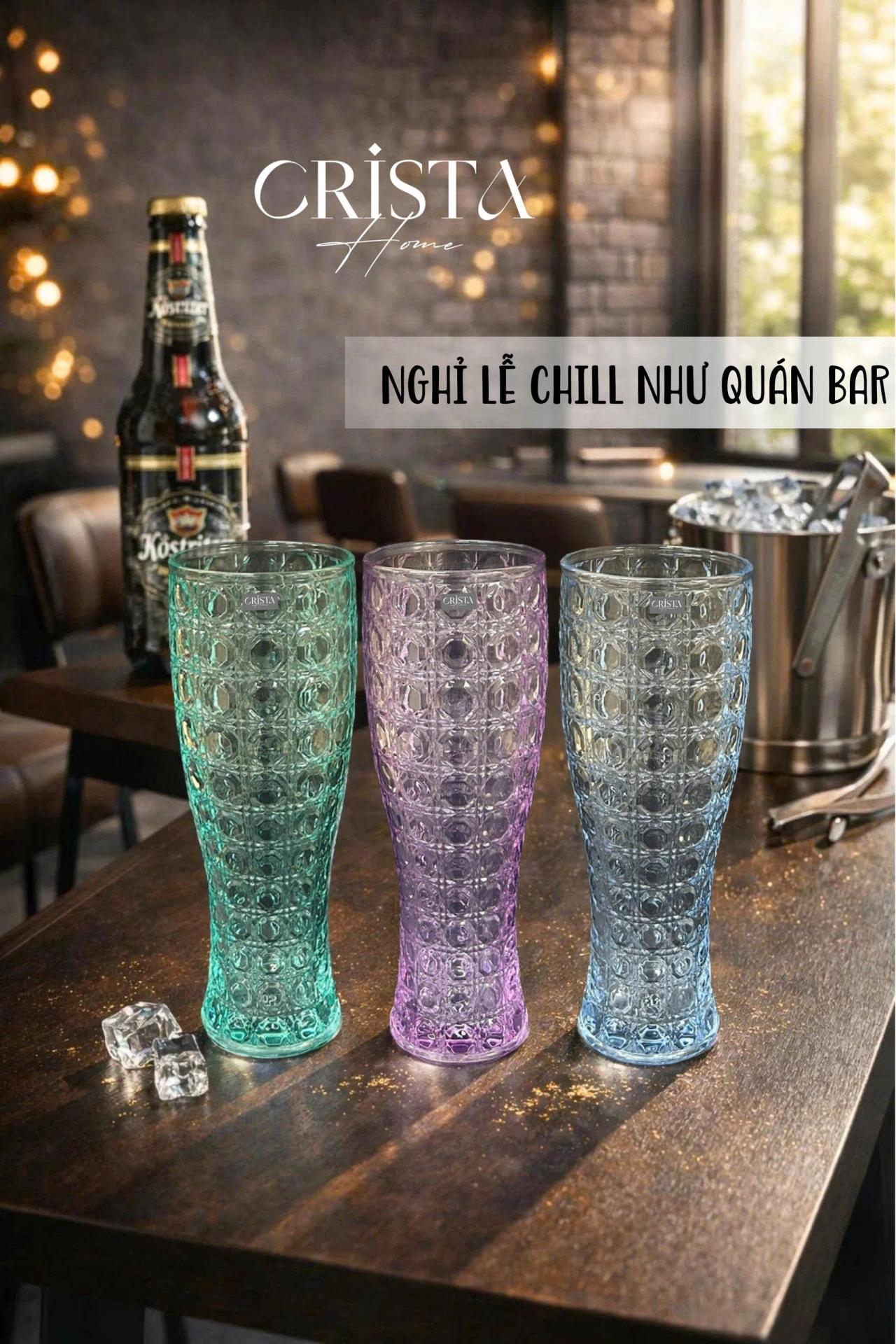 BỘ 6 LY BIA THỦY TINH VÂN PHA LÊ  - 440ML CRISTA HOME  — Mix màu (6/12)